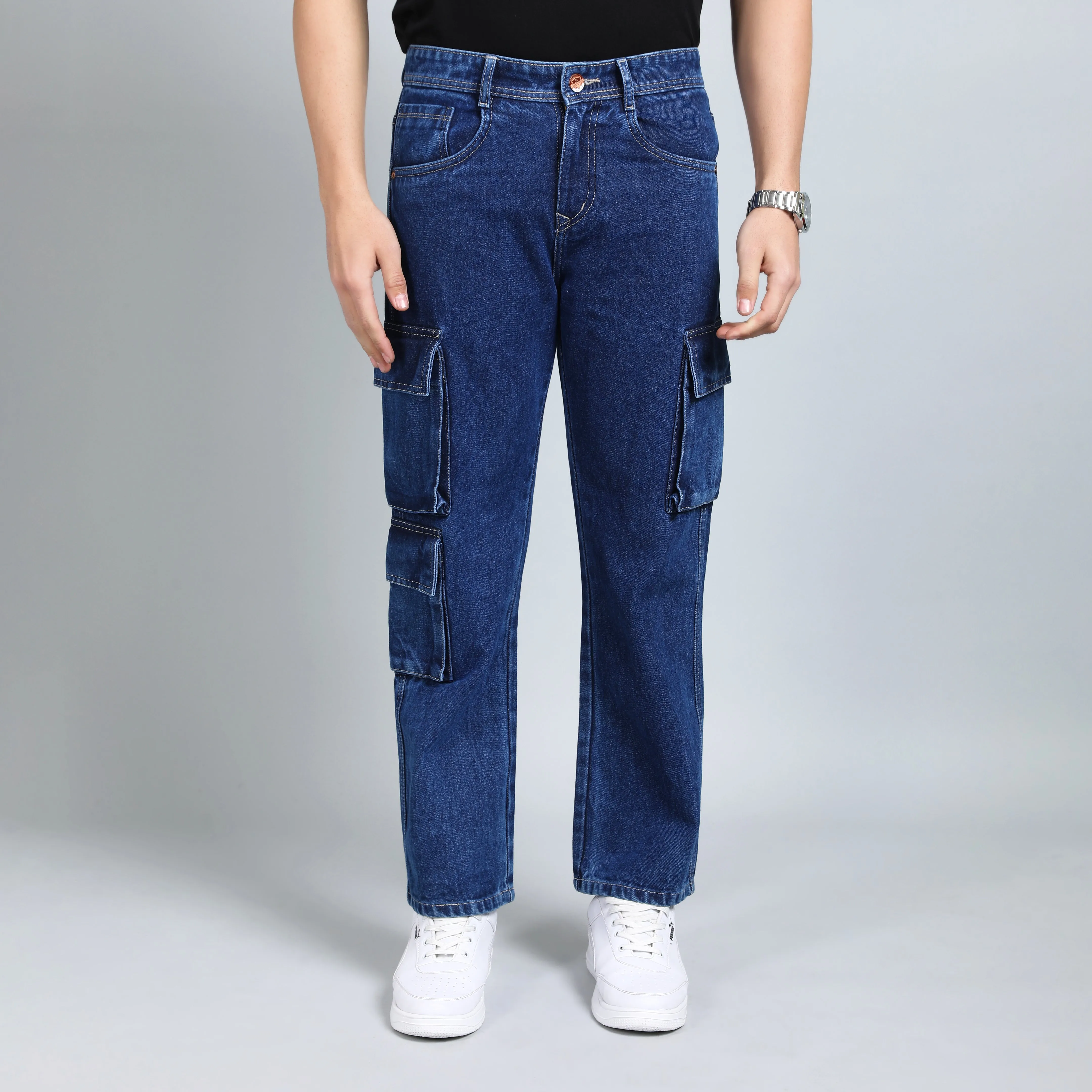DARK BLUE BAGGY CARGO FIT JEANS