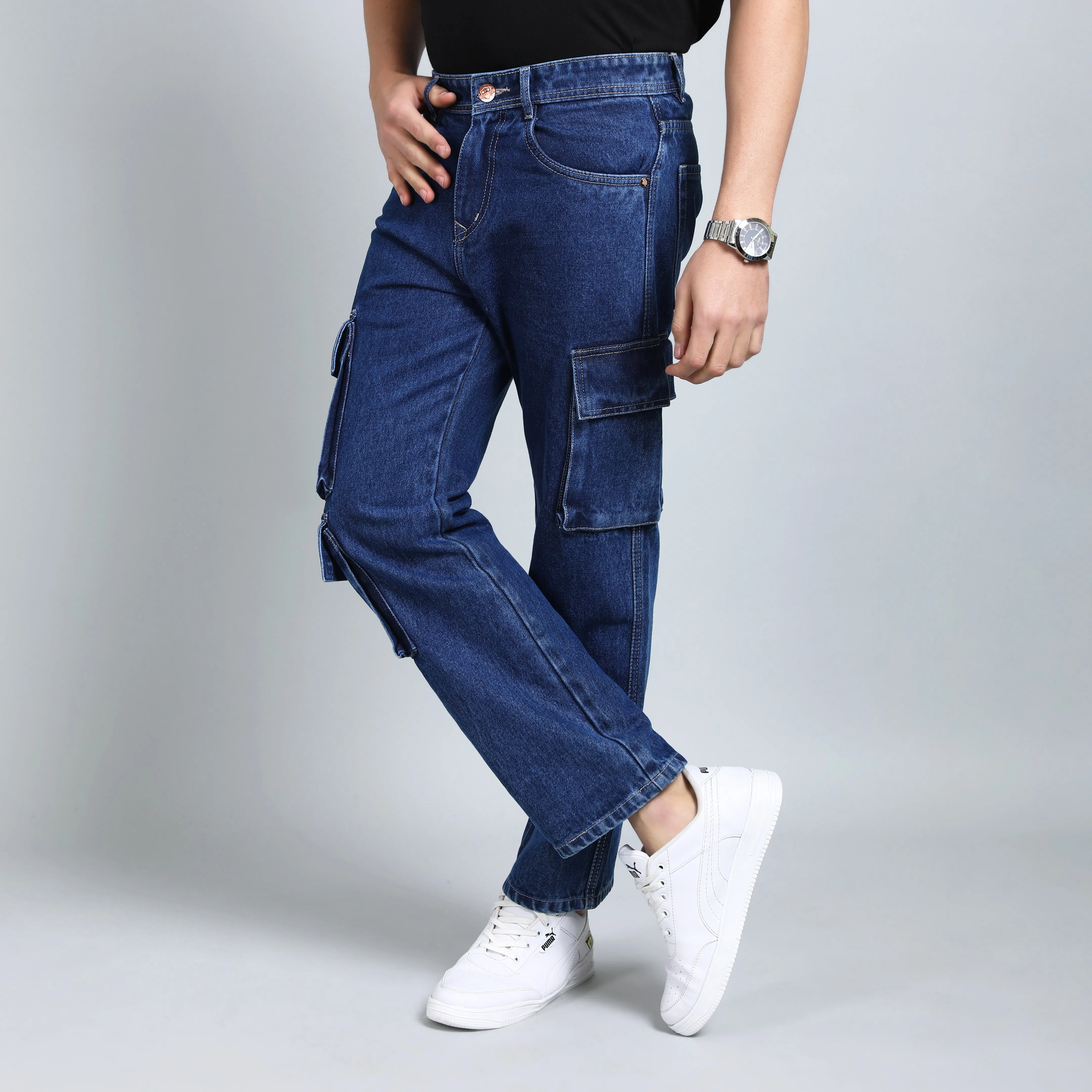 DARK BLUE BAGGY CARGO FIT JEANS