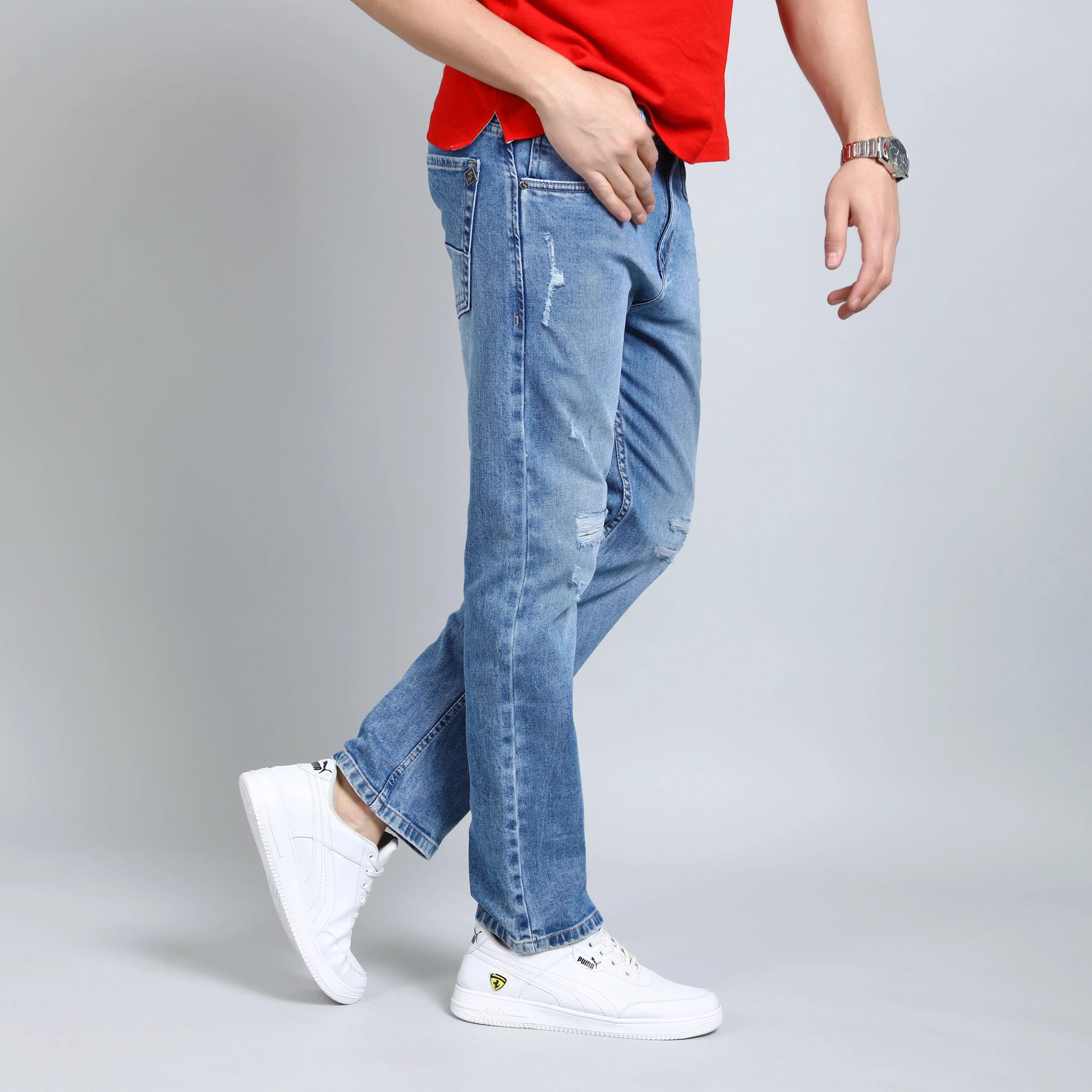 BLUE DISTRESSED BAGGY FIT JEANS TEDDY