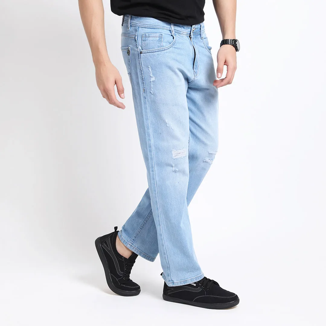 LIGHT BLUE DISTRESSED BAGGY FIT JEANS TEDDY