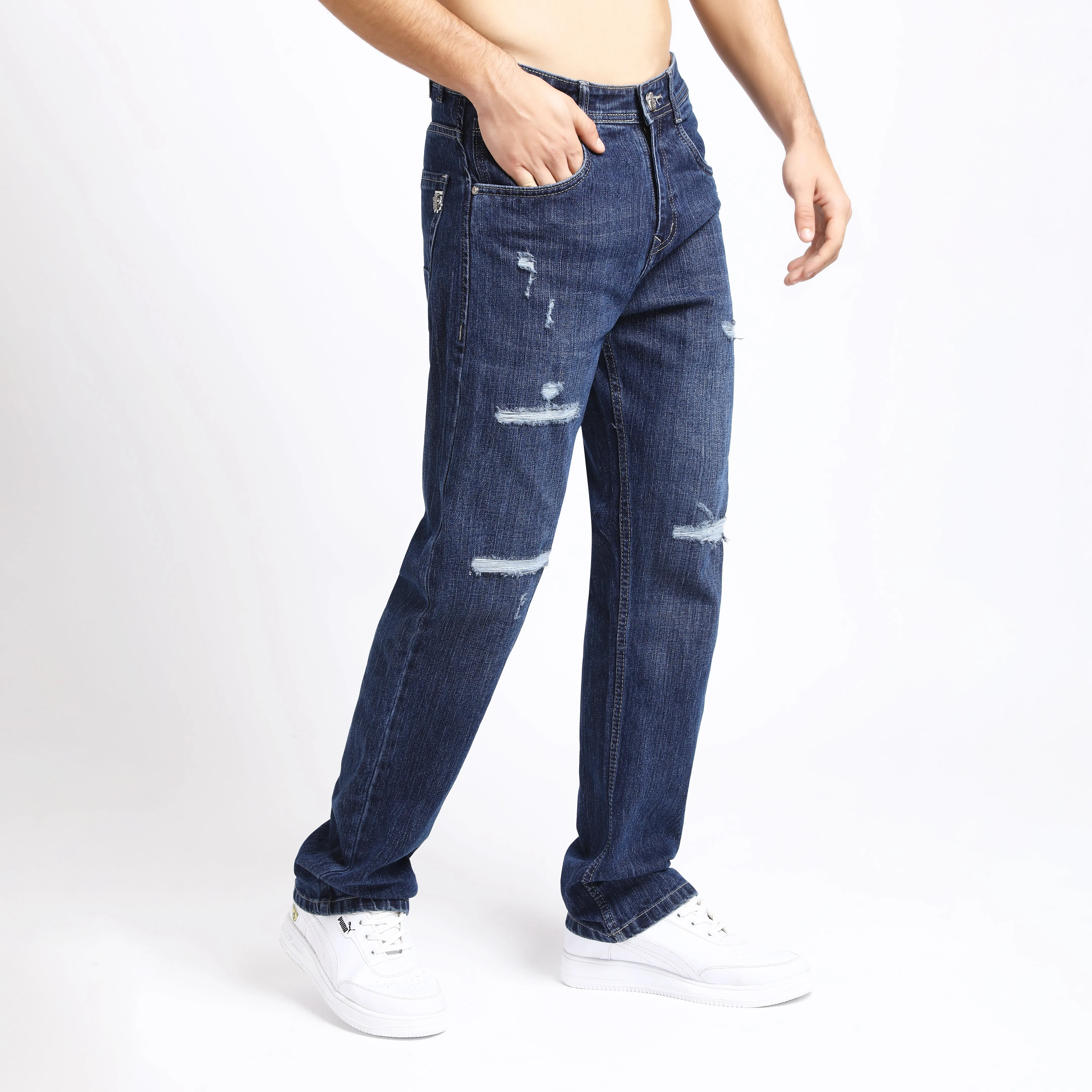 DARK GREY BAGGY FIT DISTRESSED JEANS TEDDY