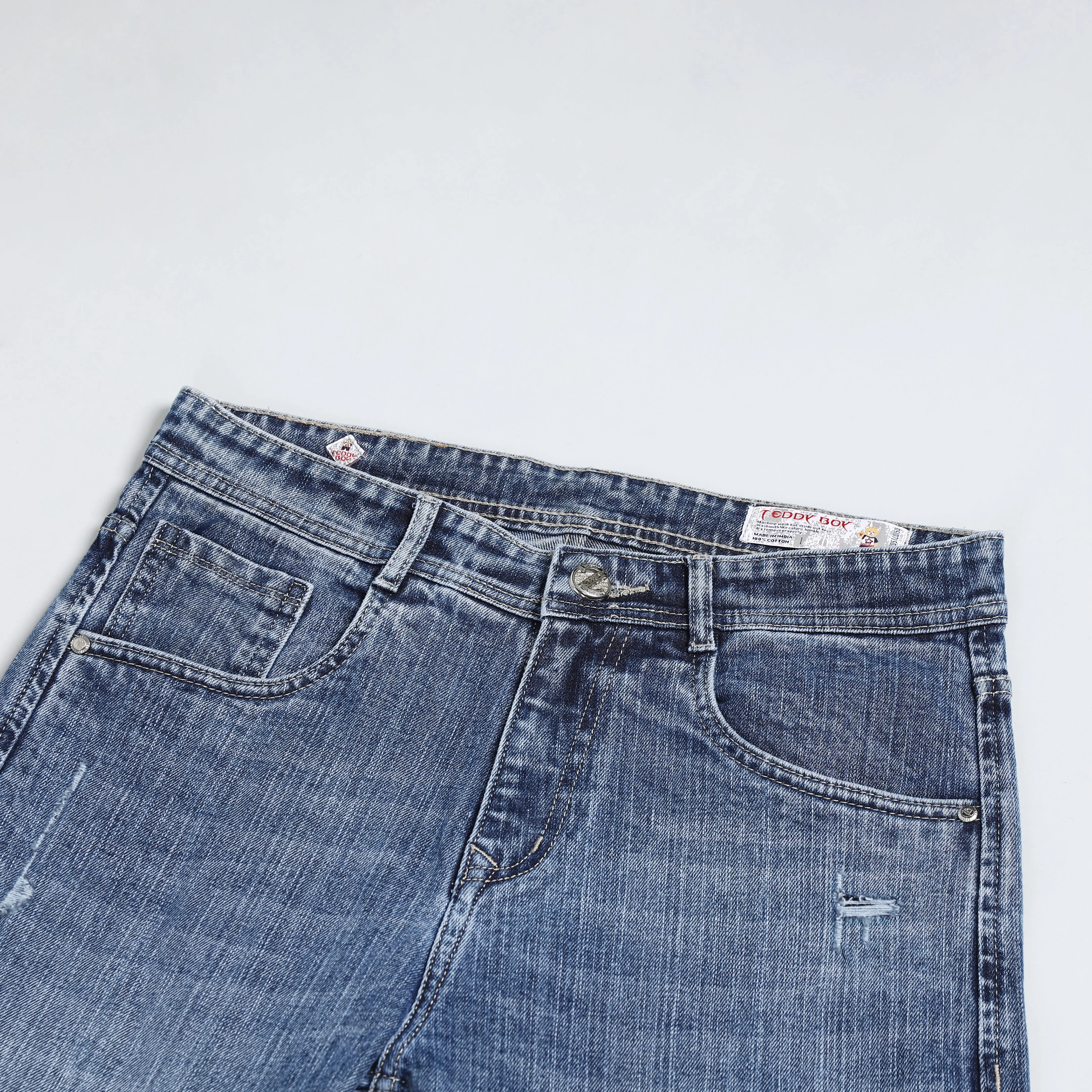 LIGHT GREY BAGGY FIT DISTRESSED JEANS TEDDY