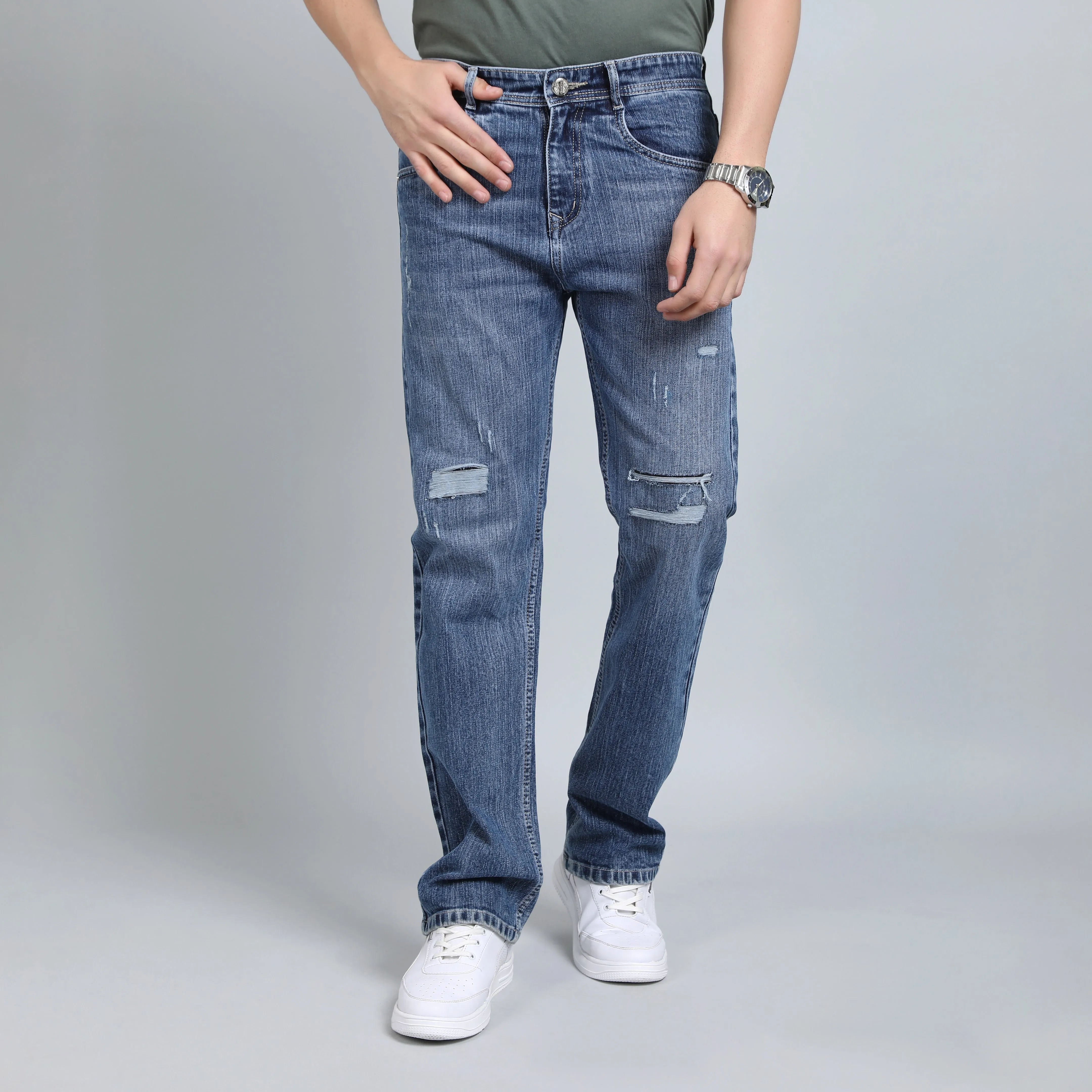 LIGHT GREY BAGGY FIT DISTRESSED JEANS TEDDY