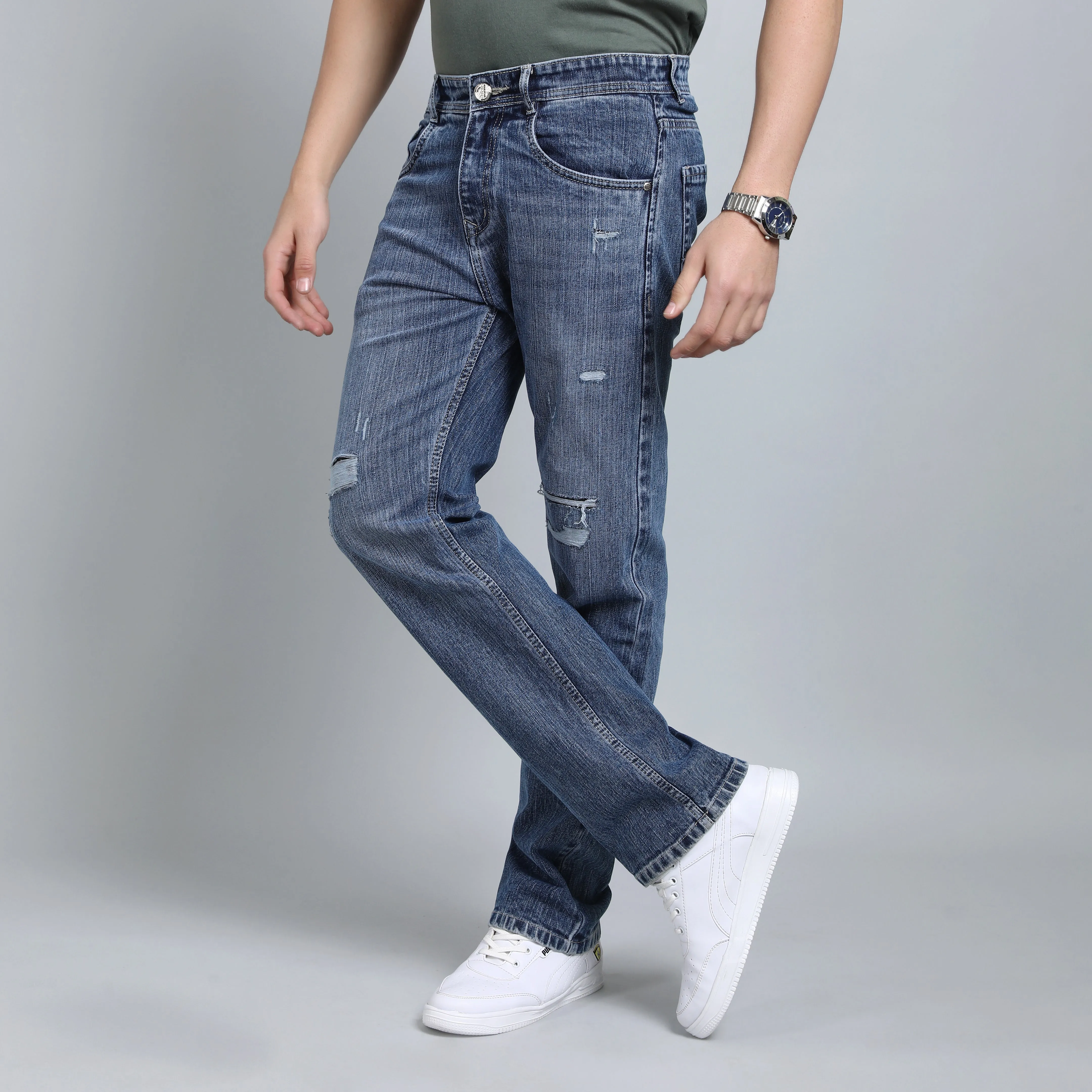 LIGHT GREY BAGGY FIT DISTRESSED JEANS TEDDY