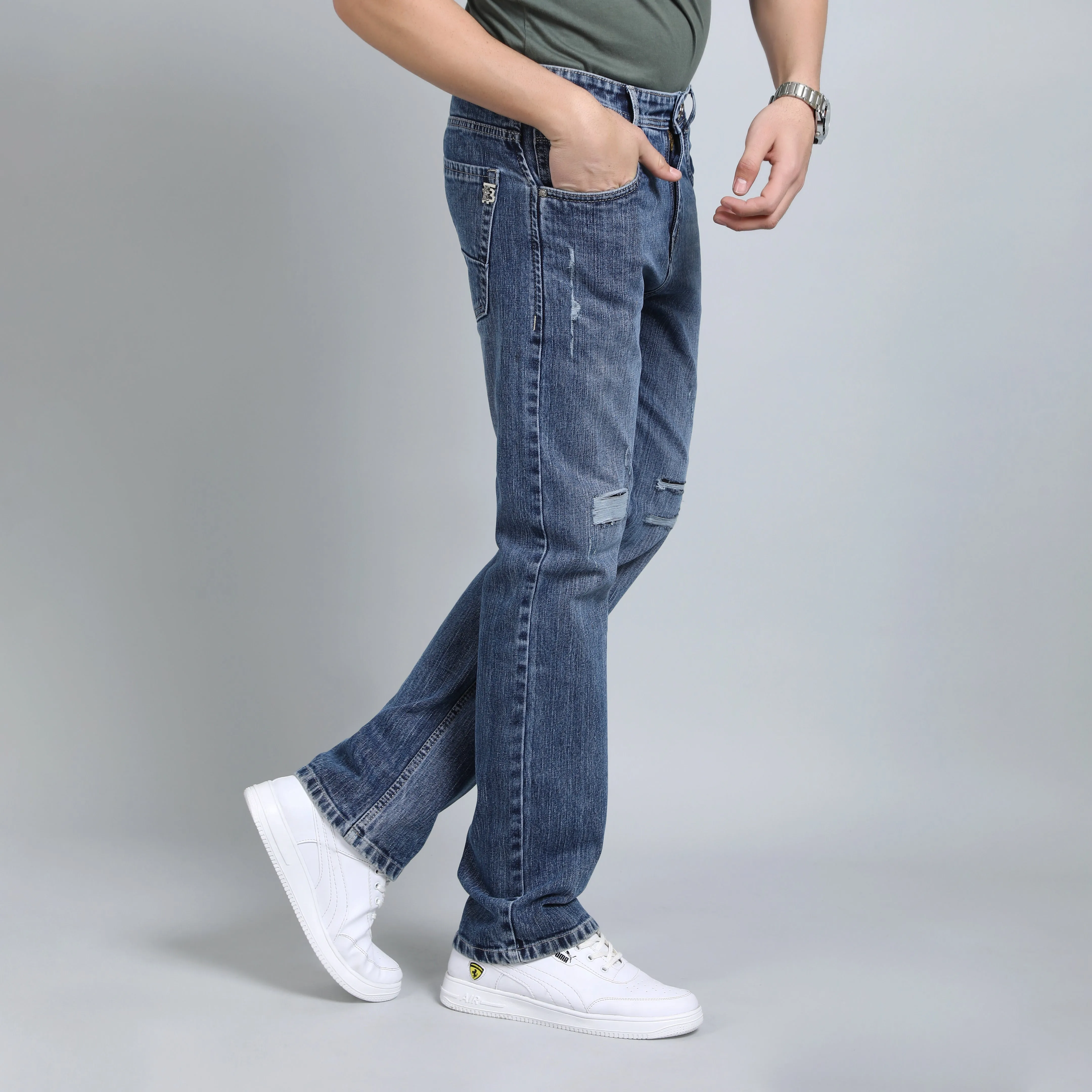 LIGHT GREY BAGGY FIT DISTRESSED JEANS TEDDY