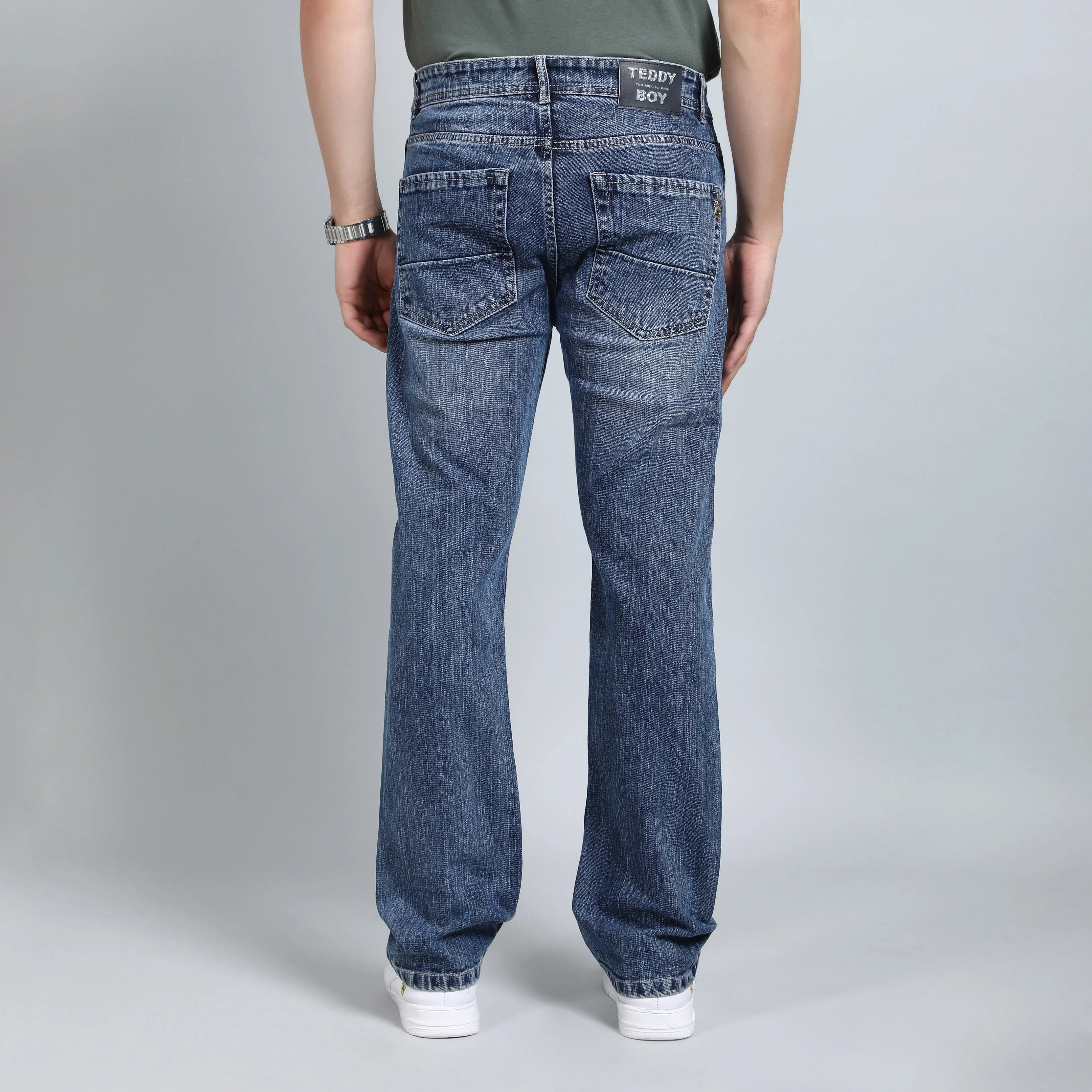 LIGHT GREY BAGGY FIT DISTRESSED JEANS TEDDY