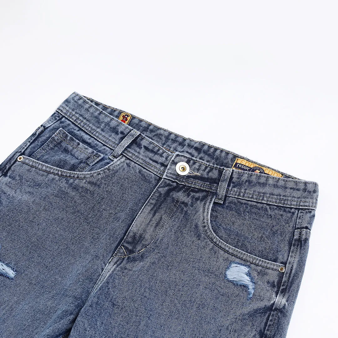 BLUE BAGGY FIT DISTRESSED JEANS TEDDY