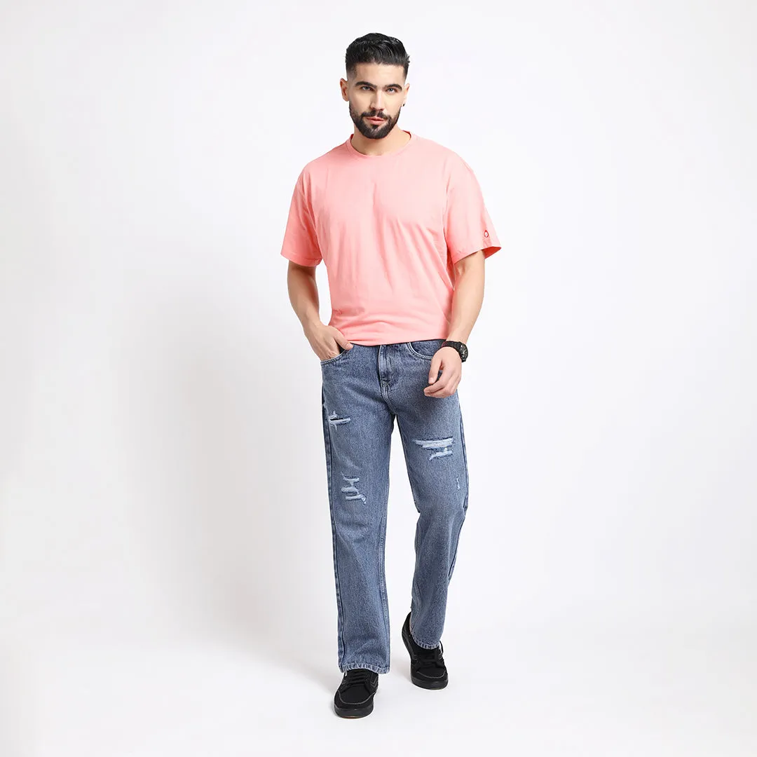 BLUE BAGGY FIT DISTRESSED JEANS TEDDY