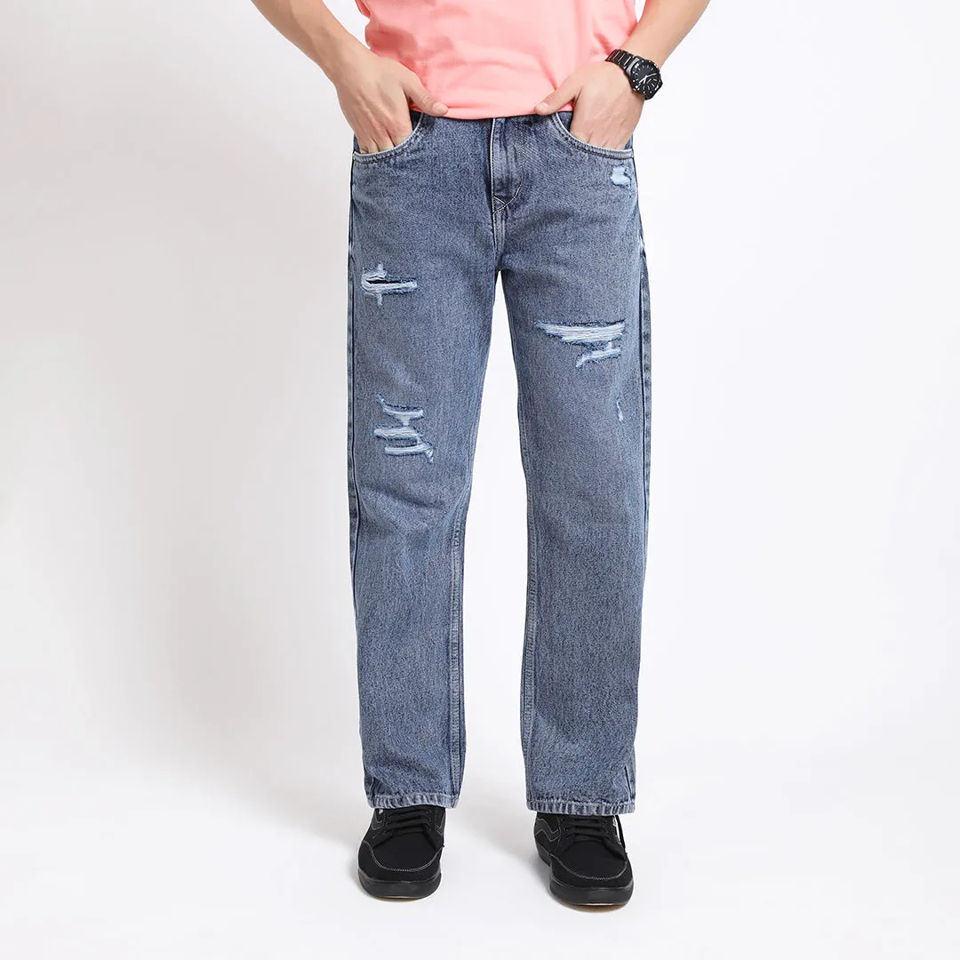 BLUE BAGGY FIT DISTRESSED JEANS TEDDY