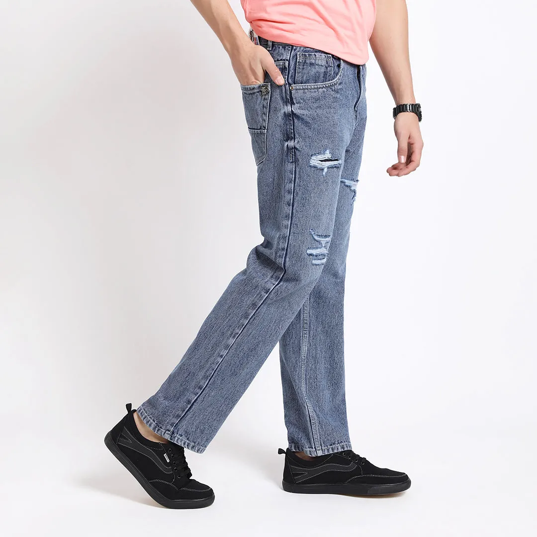 BLUE BAGGY FIT DISTRESSED JEANS TEDDY