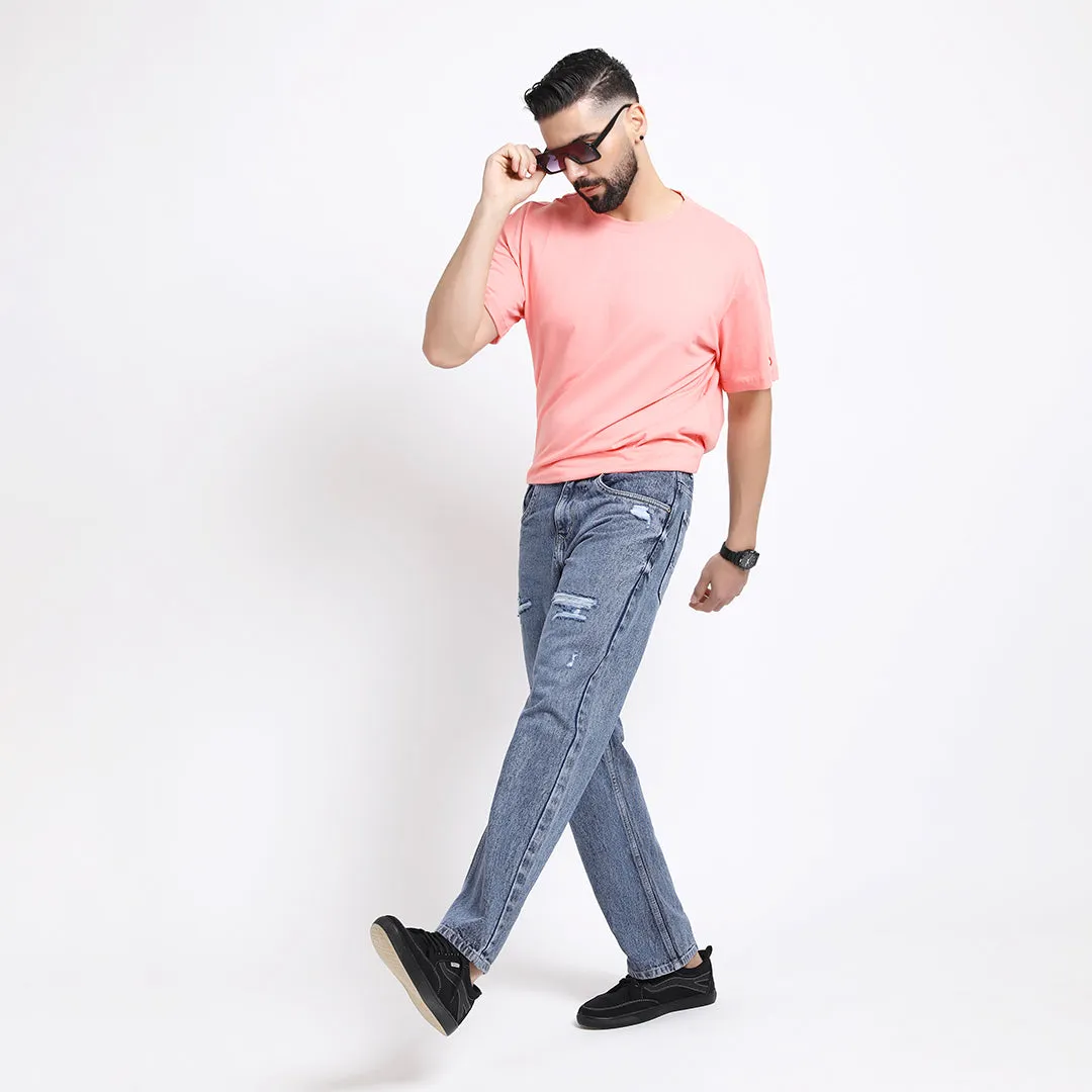 BLUE BAGGY FIT DISTRESSED JEANS TEDDY