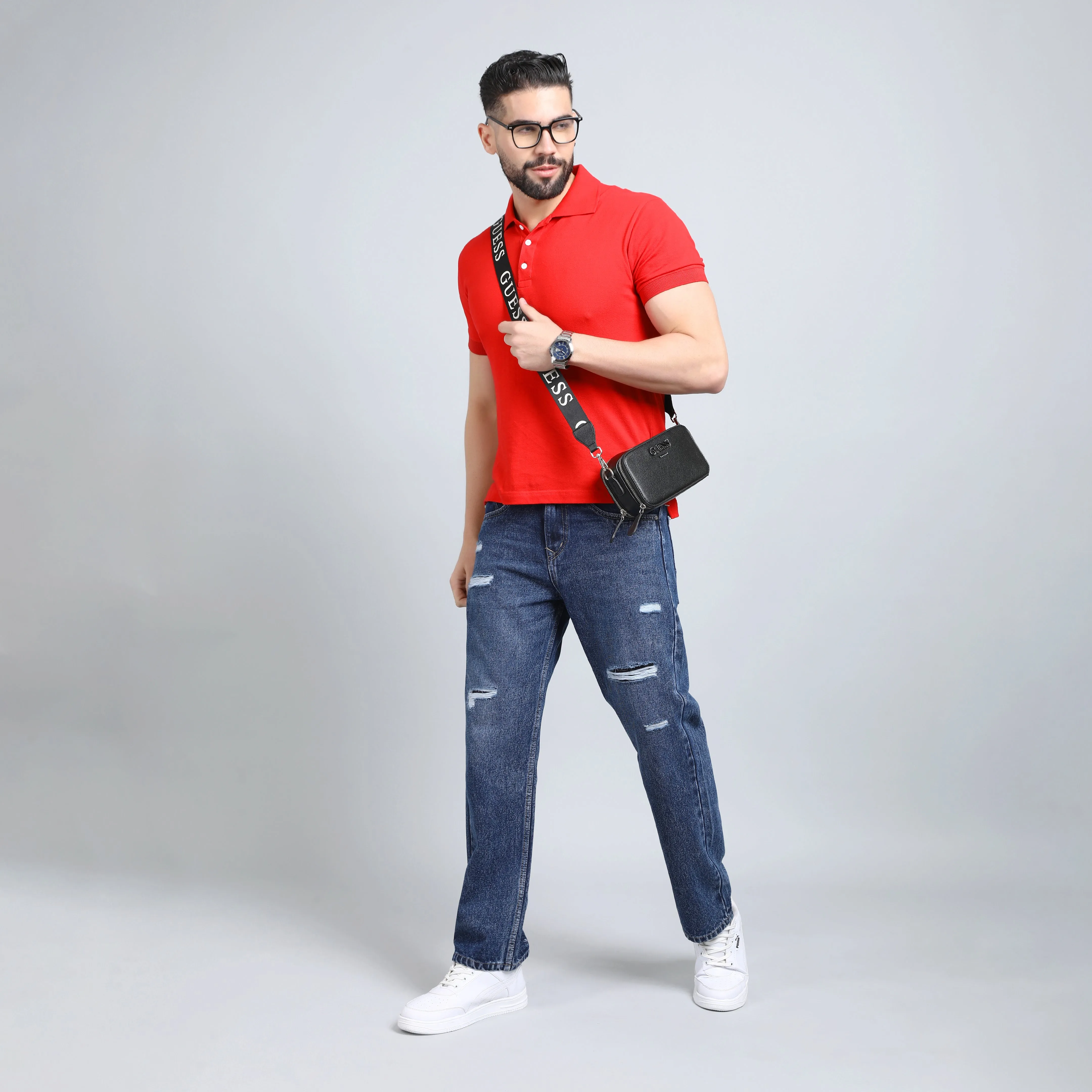 BLUE BAGGY FIT DISTRESSED JEANS TEDDY