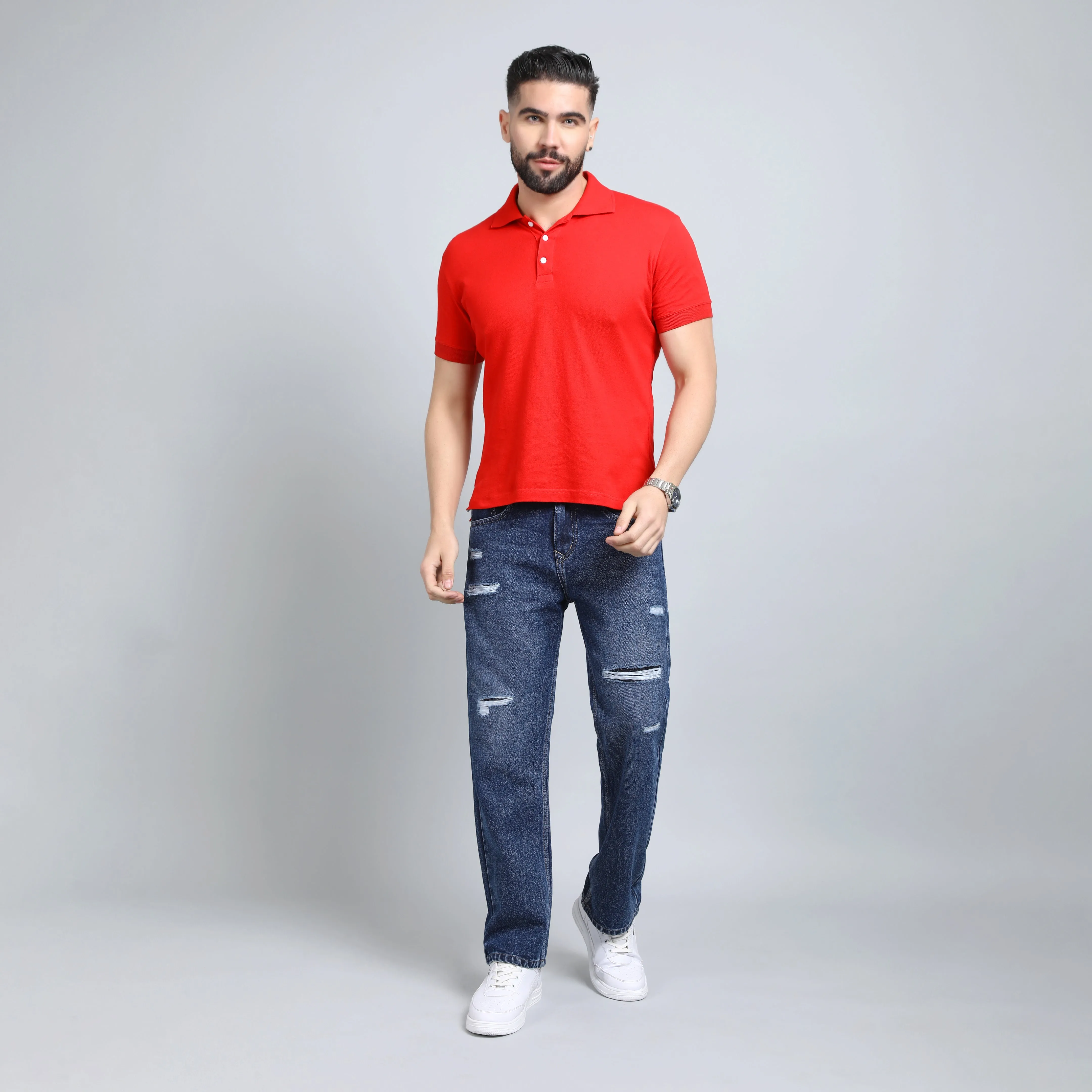 BLUE BAGGY FIT DISTRESSED JEANS TEDDY