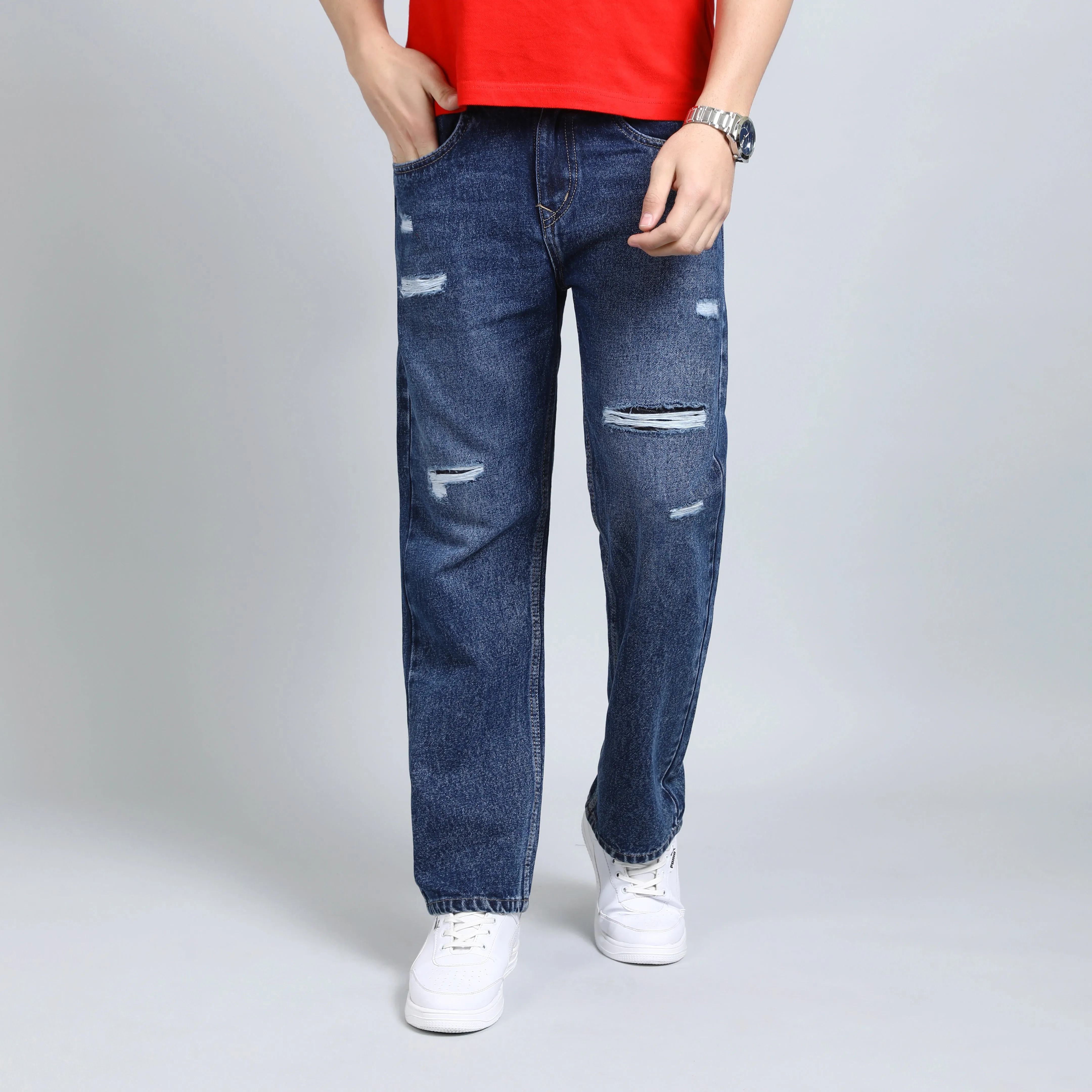 BLUE BAGGY FIT DISTRESSED JEANS TEDDY