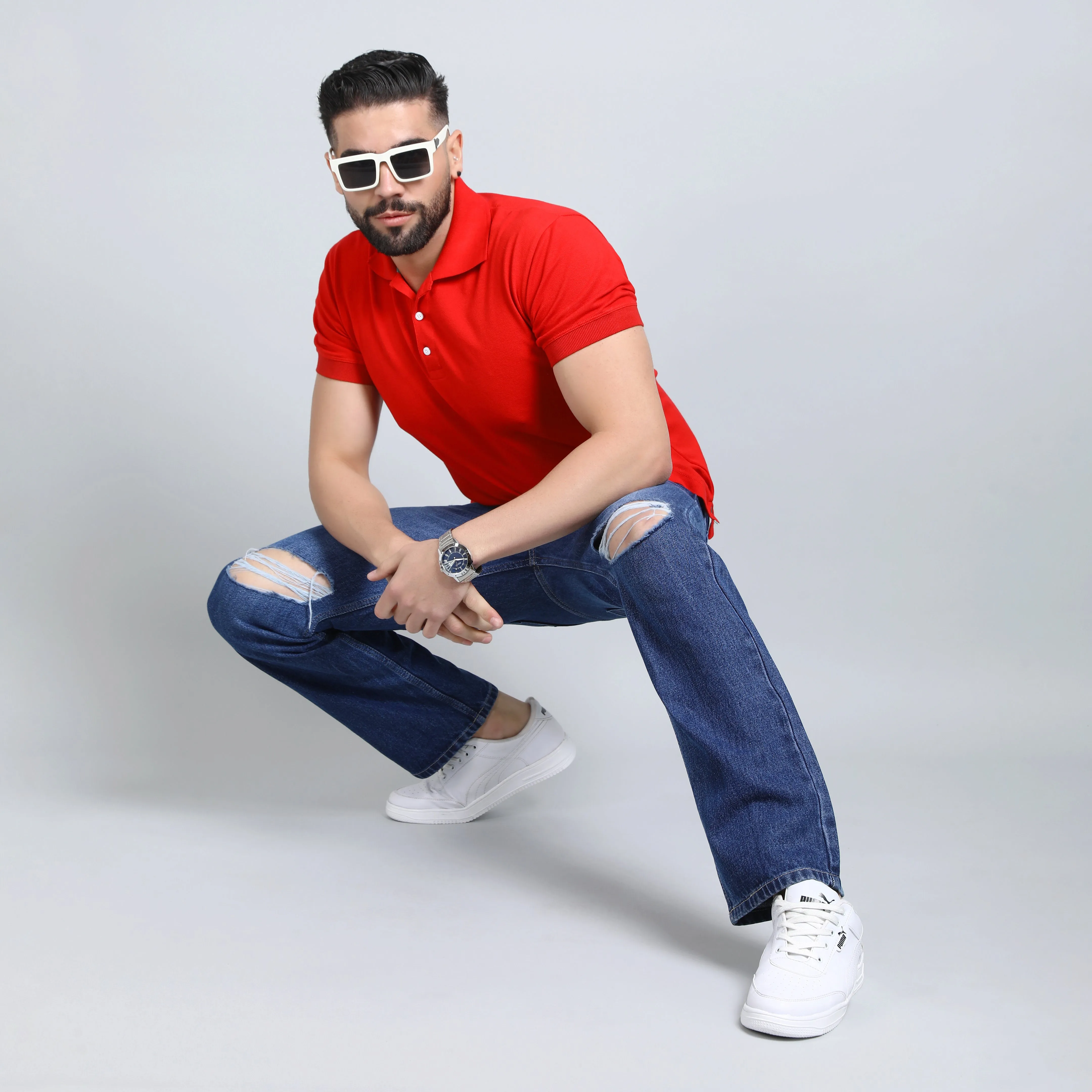 BLUE BAGGY FIT DISTRESSED JEANS TEDDY