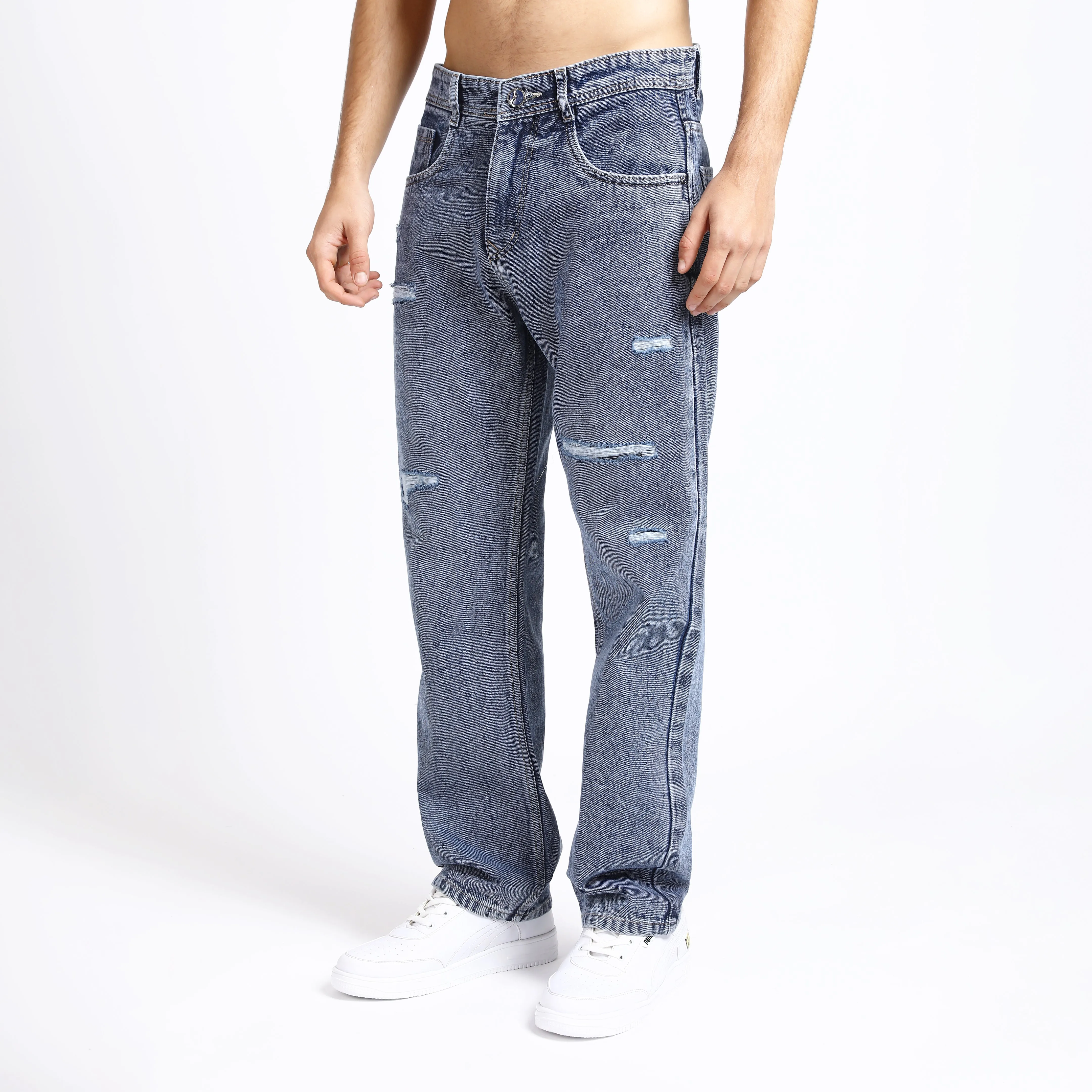 LIGHT BLUE BAGGY FIT DISTRESSED JEANS TEDDY