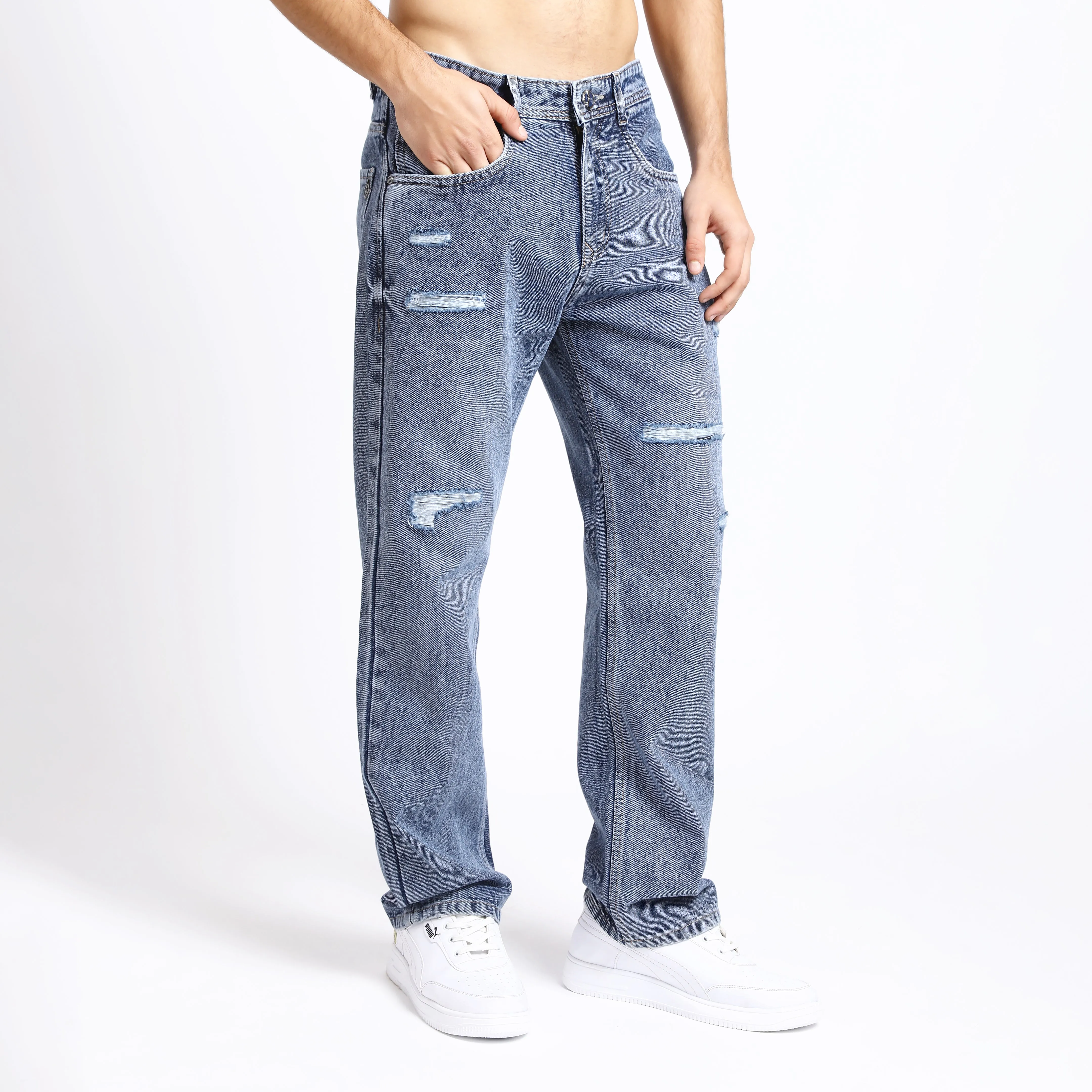 LIGHT BLUE BAGGY FIT DISTRESSED JEANS TEDDY