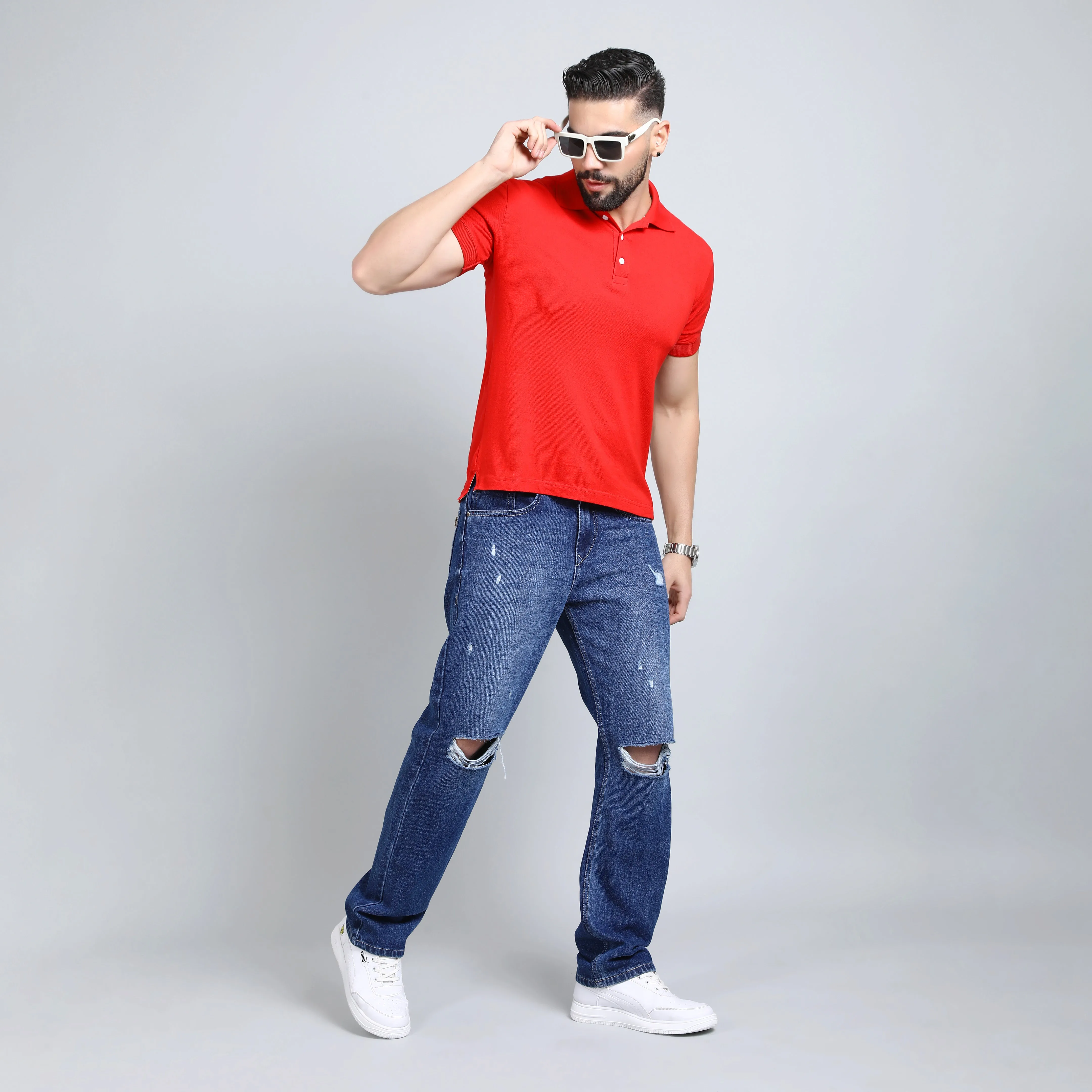 BLUE DISTRESSED BAGGY FIT JEAN TEDDY