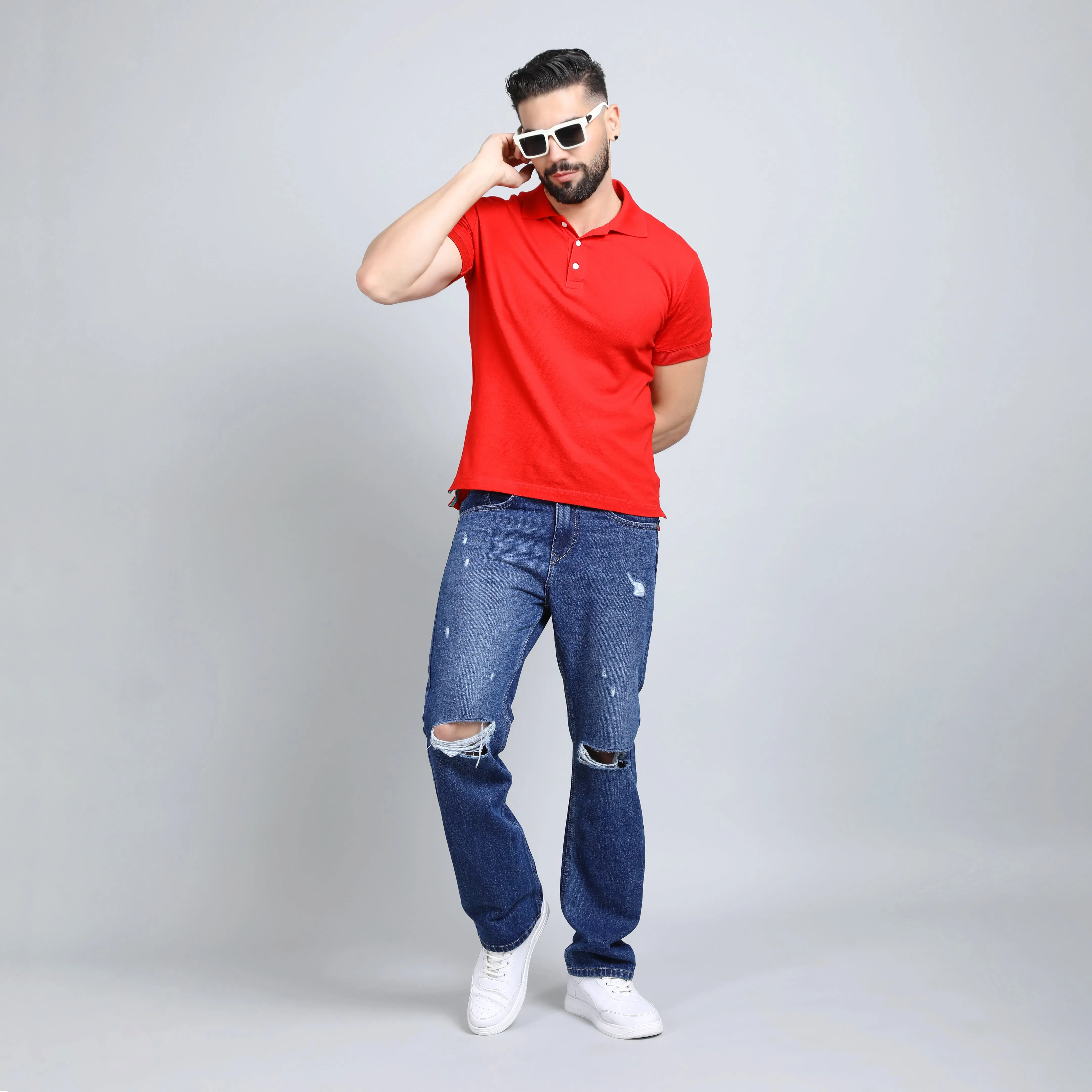 BLUE DISTRESSED BAGGY FIT JEAN TEDDY