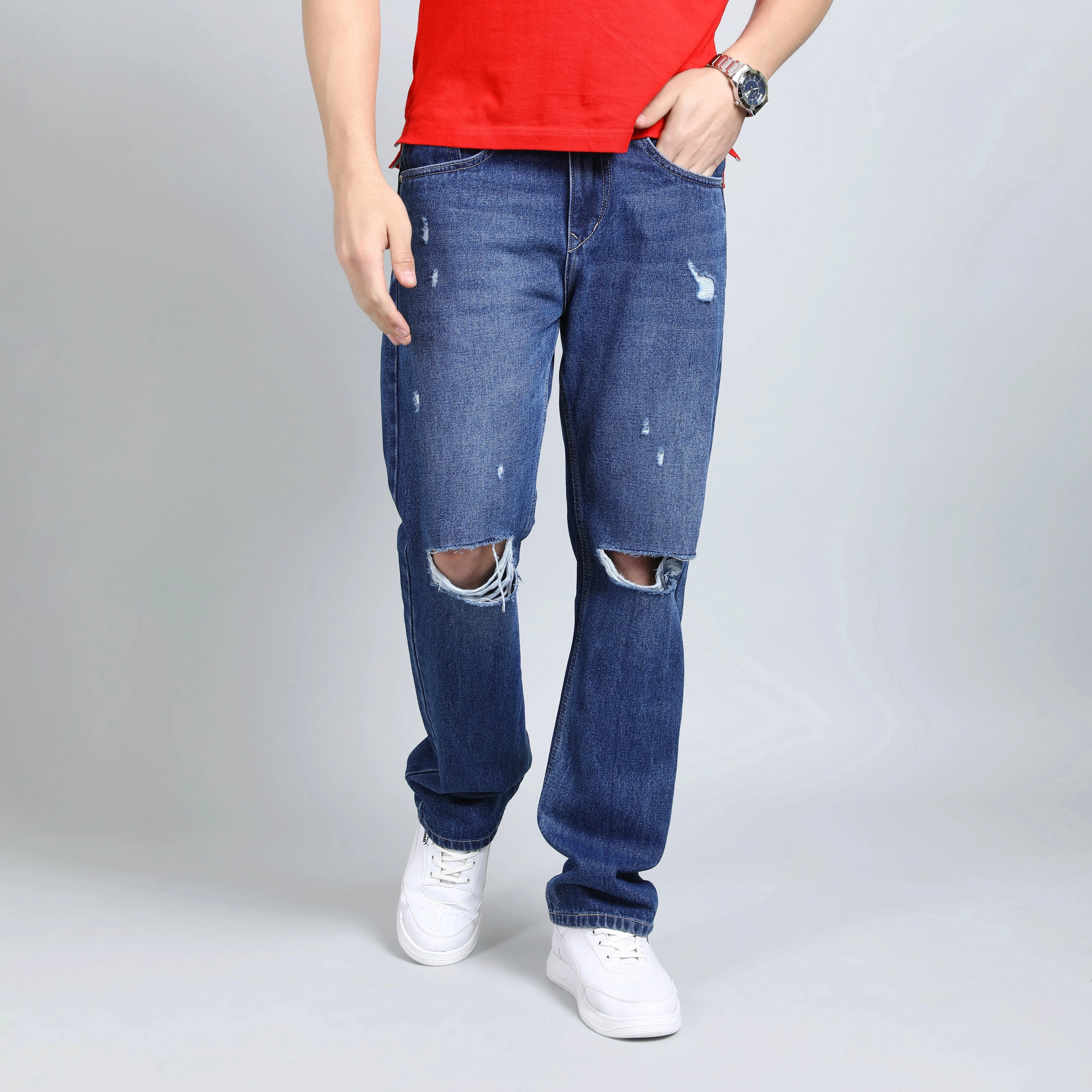 BLUE DISTRESSED BAGGY FIT JEAN TEDDY