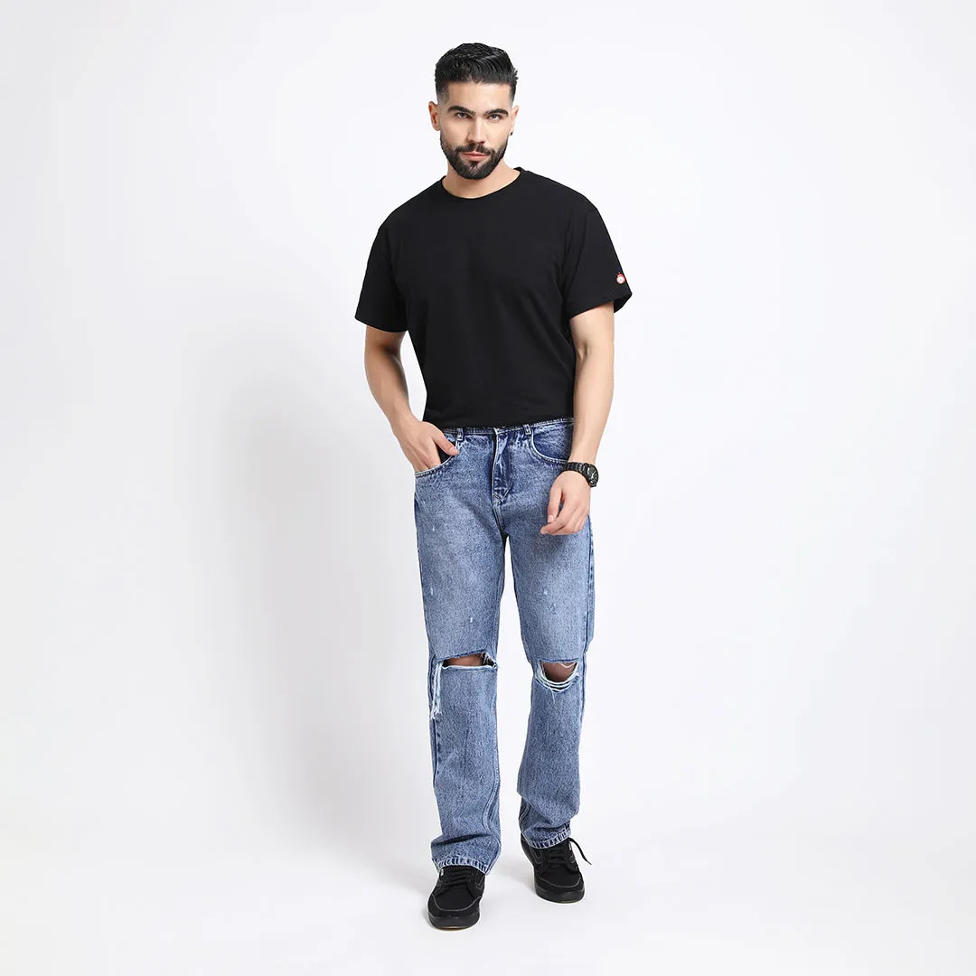 MED BLUE DISTRESSED BAGGY FIT JEAN TEDDY