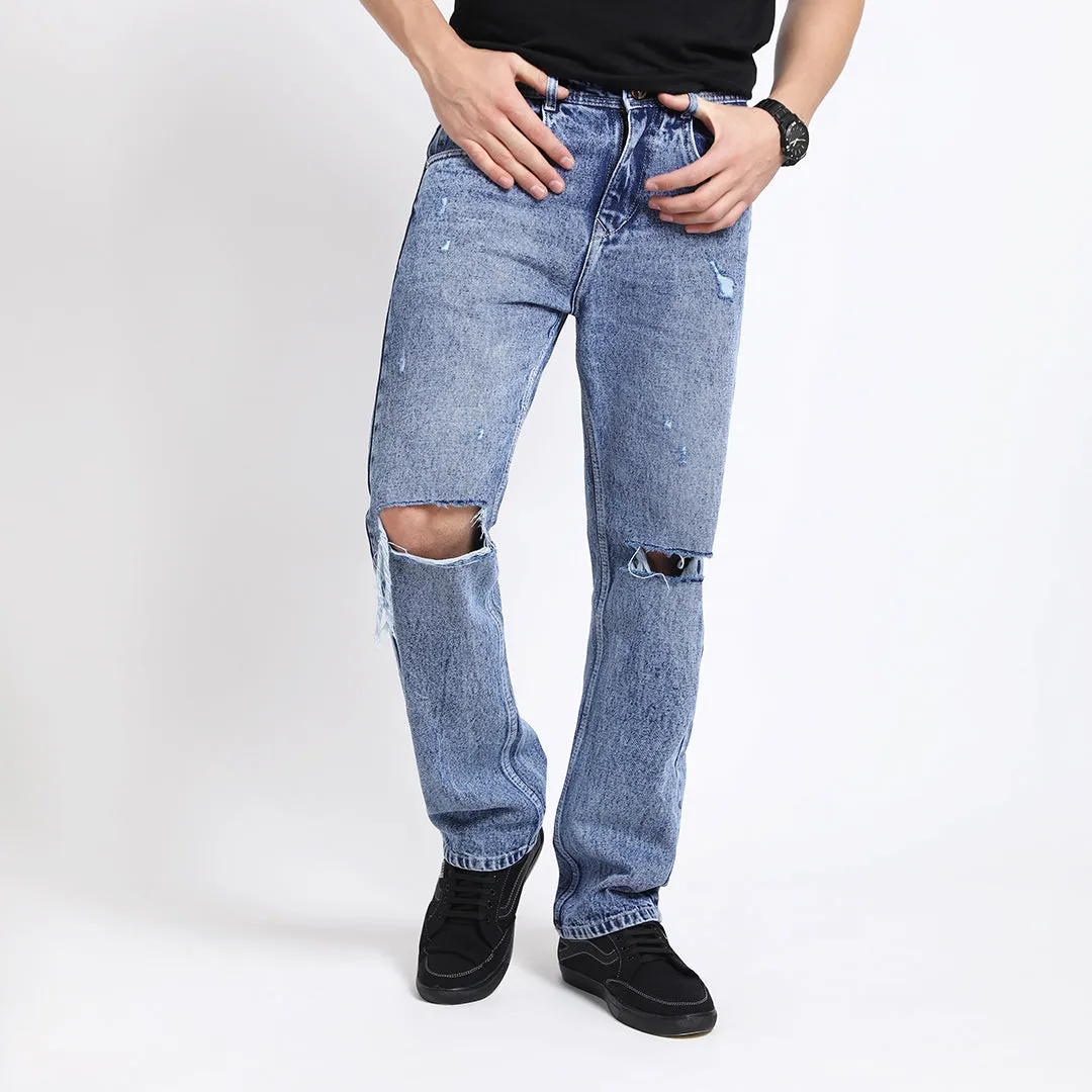 MED BLUE DISTRESSED BAGGY FIT JEAN TEDDY