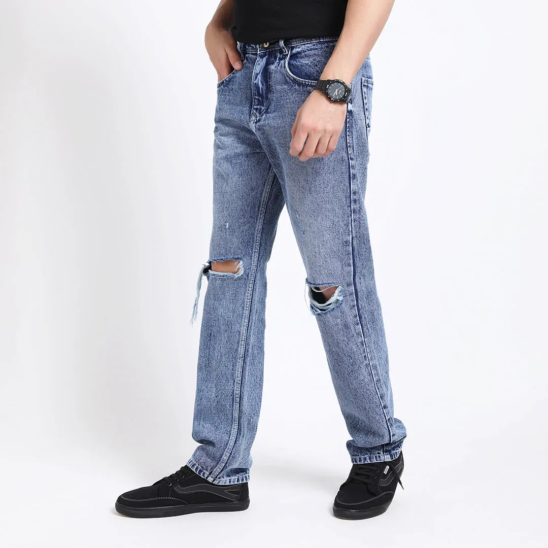 MED BLUE DISTRESSED BAGGY FIT JEAN TEDDY