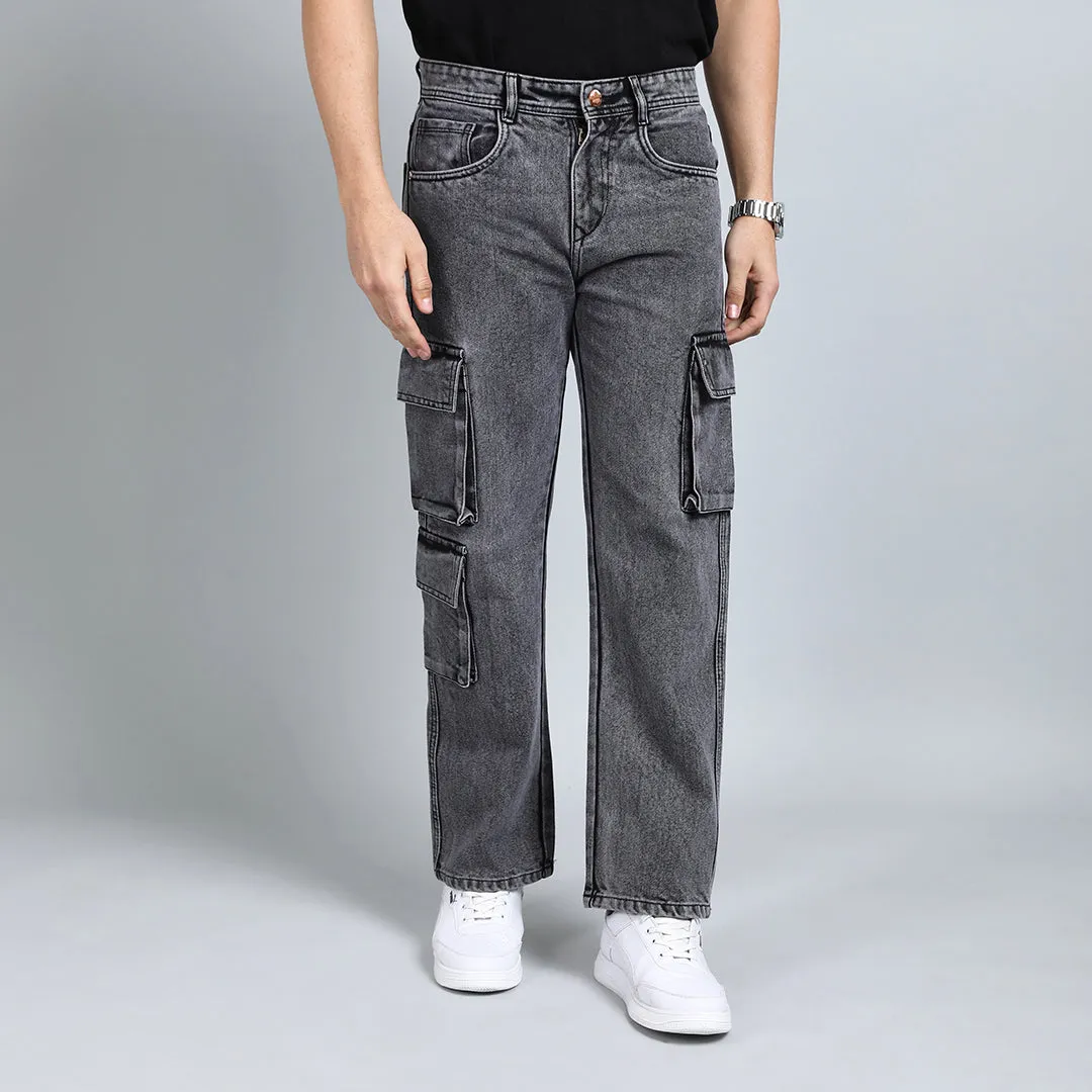 LIGHT GREY BAGGY CARGO FIT JEANS