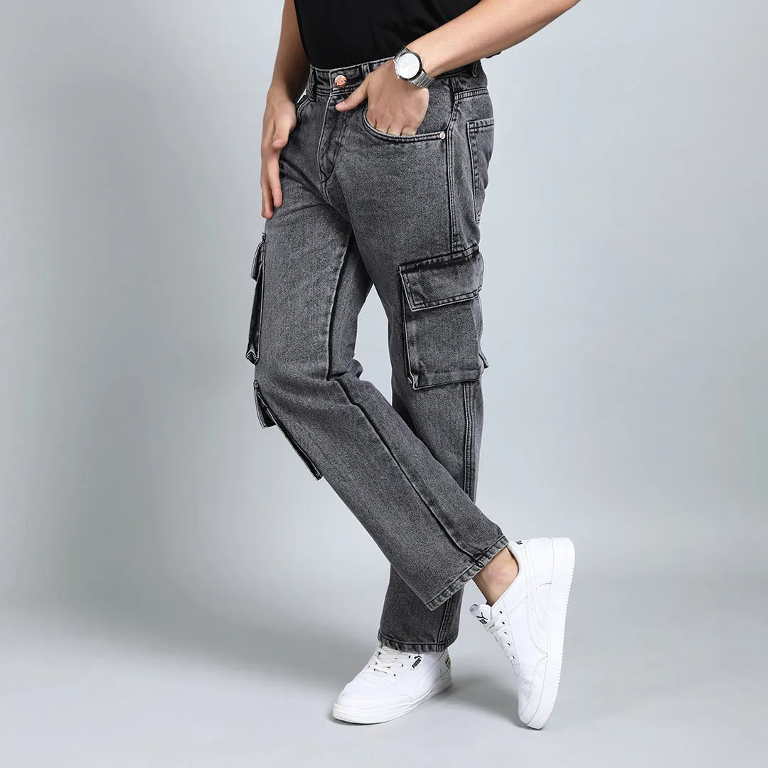 LIGHT GREY BAGGY CARGO FIT JEANS
