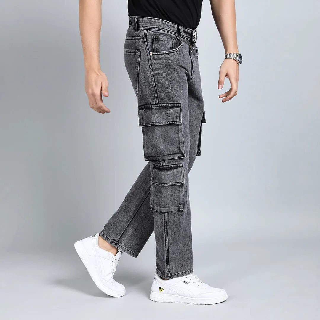 LIGHT GREY BAGGY CARGO FIT JEANS