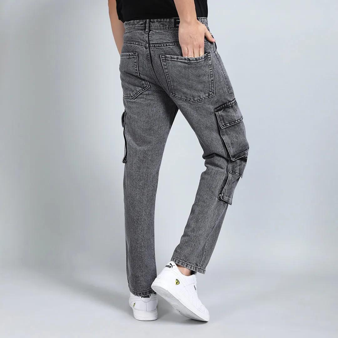 LIGHT GREY BAGGY CARGO FIT JEANS