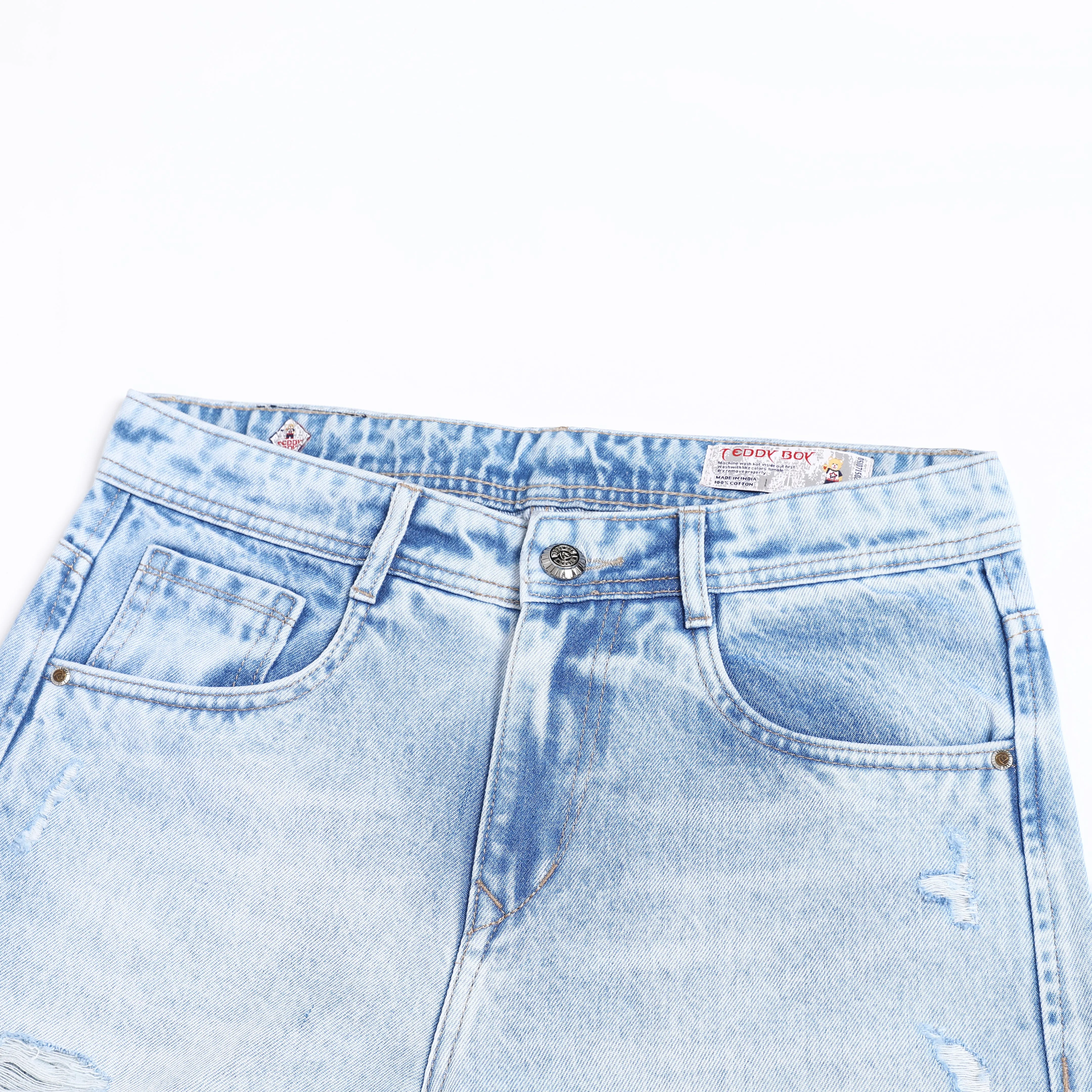 ICE BLUE BAGGY FIT DISTRESSED JEANS TEDDY