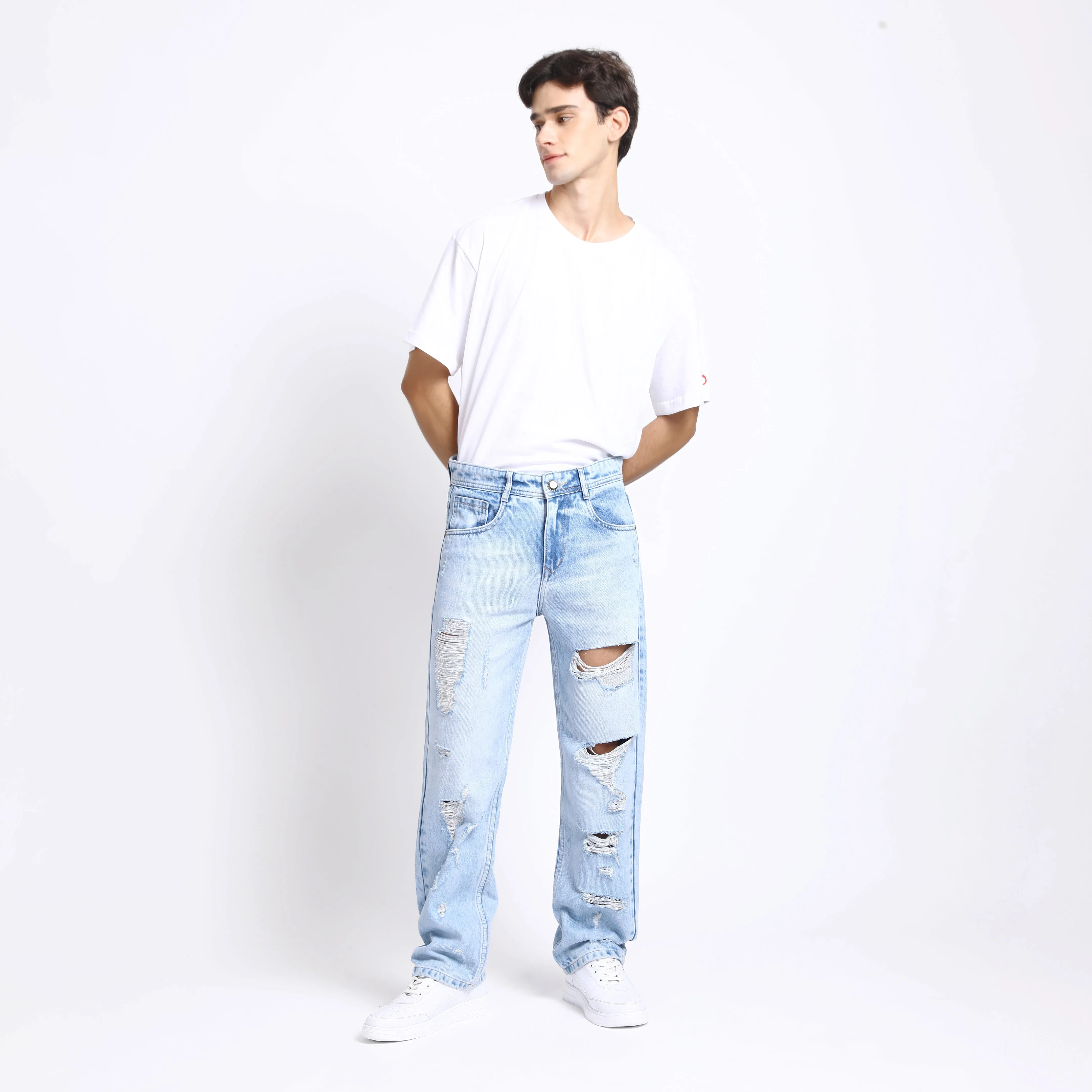 ICE BLUE BAGGY FIT DISTRESSED JEANS TEDDY
