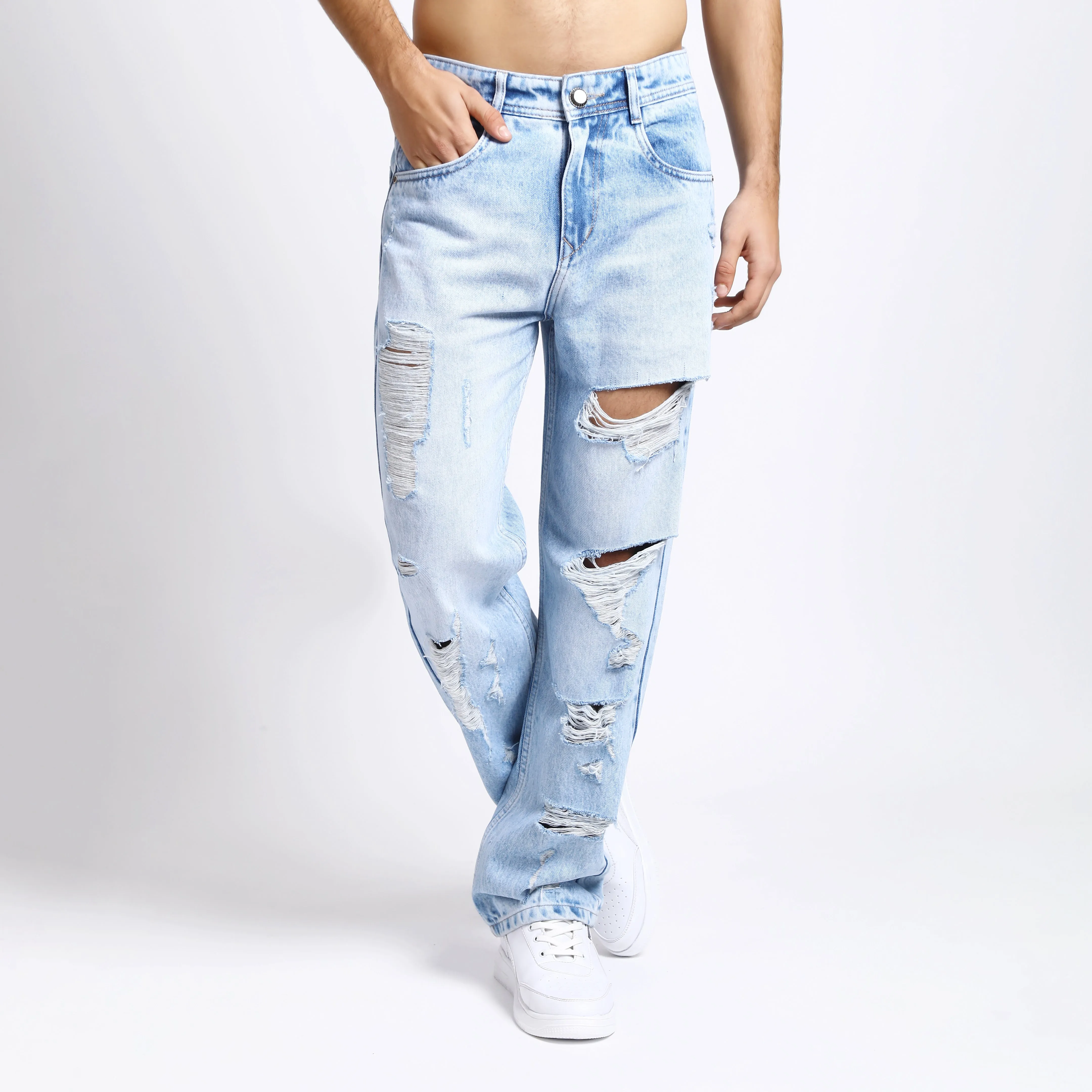 ICE BLUE BAGGY FIT DISTRESSED JEANS TEDDY