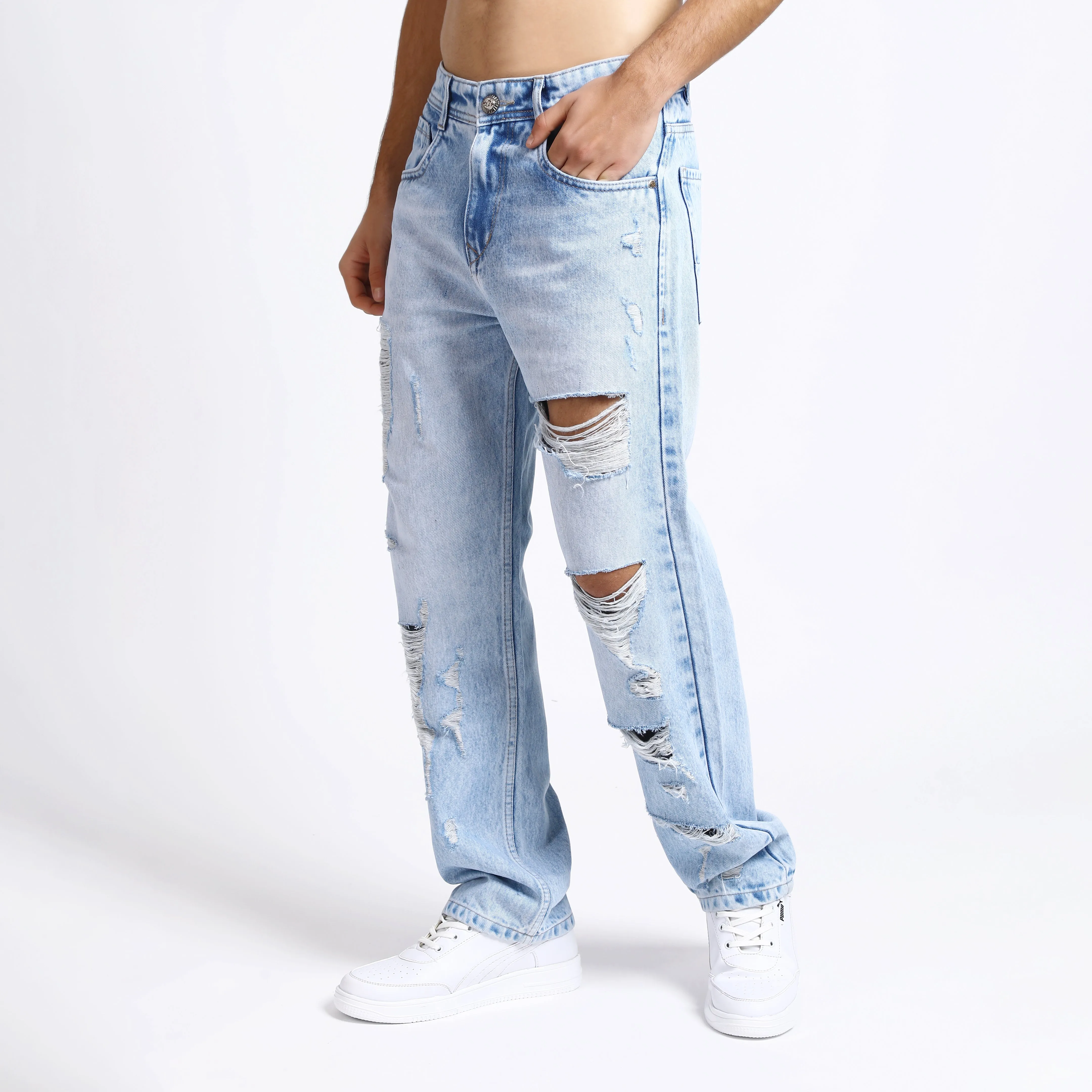 ICE BLUE BAGGY FIT DISTRESSED JEANS TEDDY