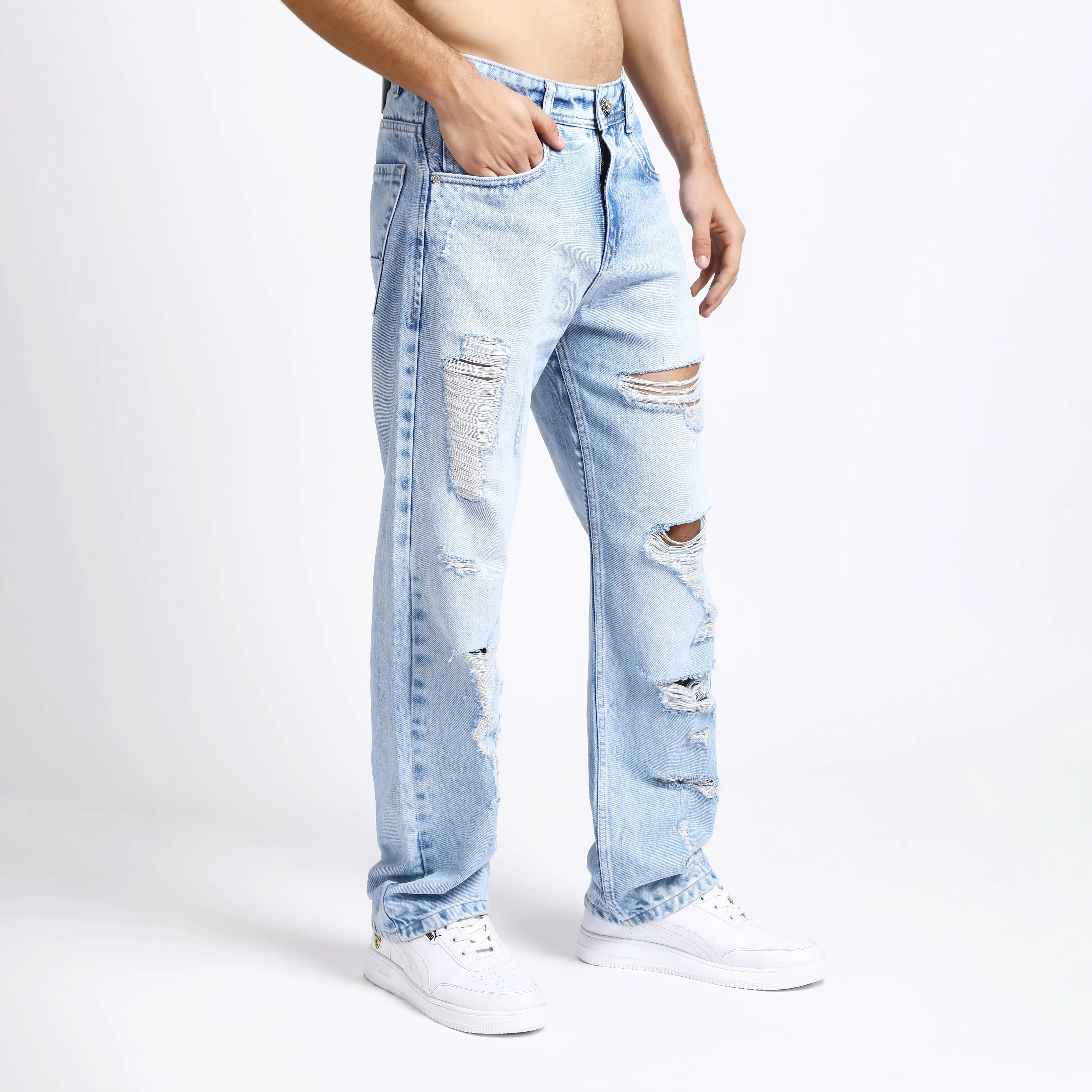 ICE BLUE BAGGY FIT DISTRESSED JEANS TEDDY