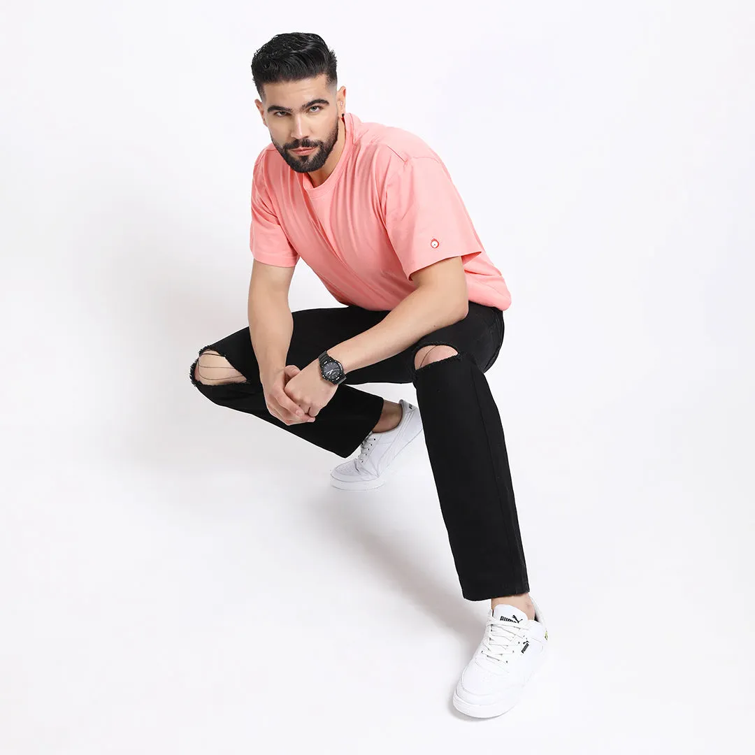 BLACK DISTRESSED BAGGY FIT KNEE CUT JEANS