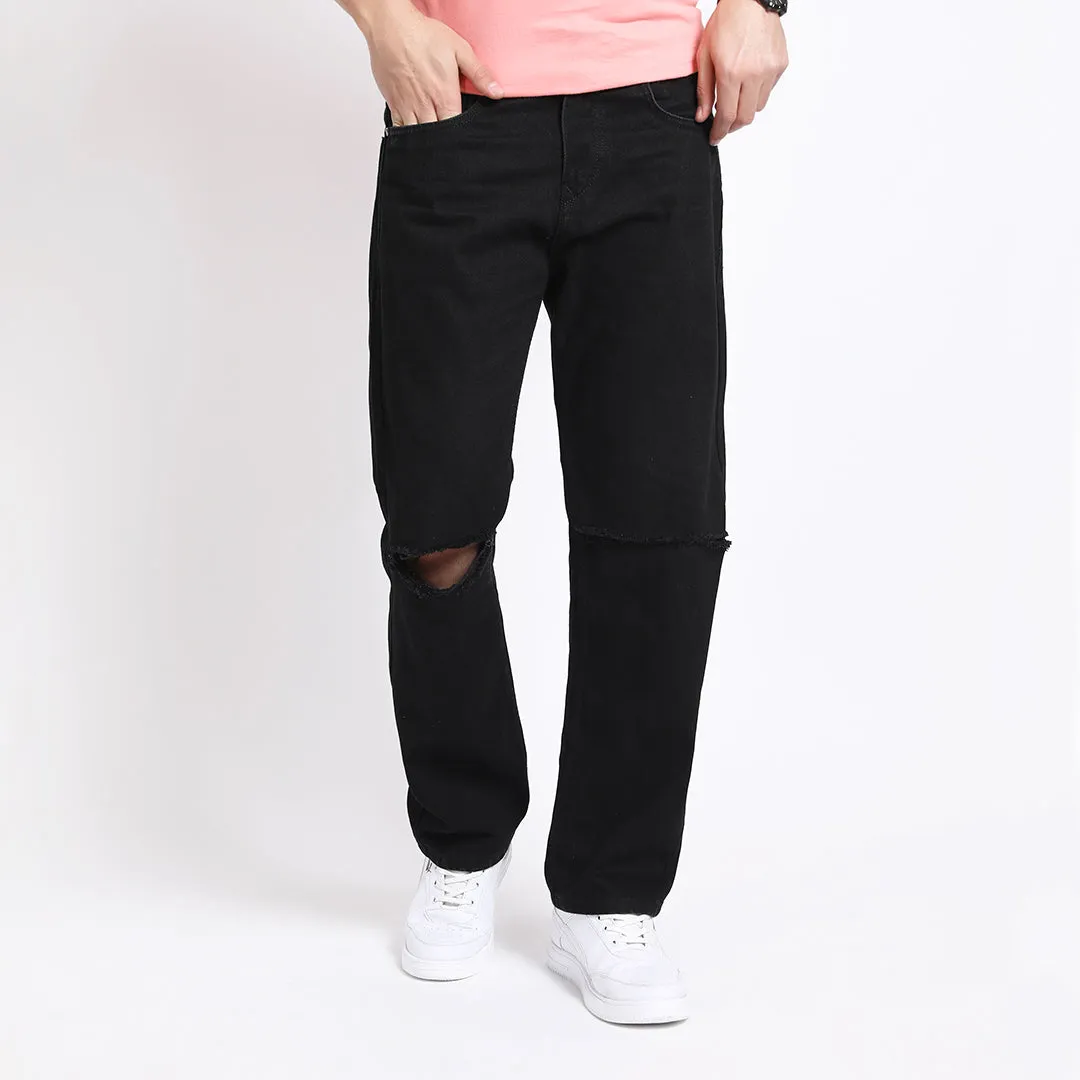 BLACK DISTRESSED BAGGY FIT KNEE CUT JEANS