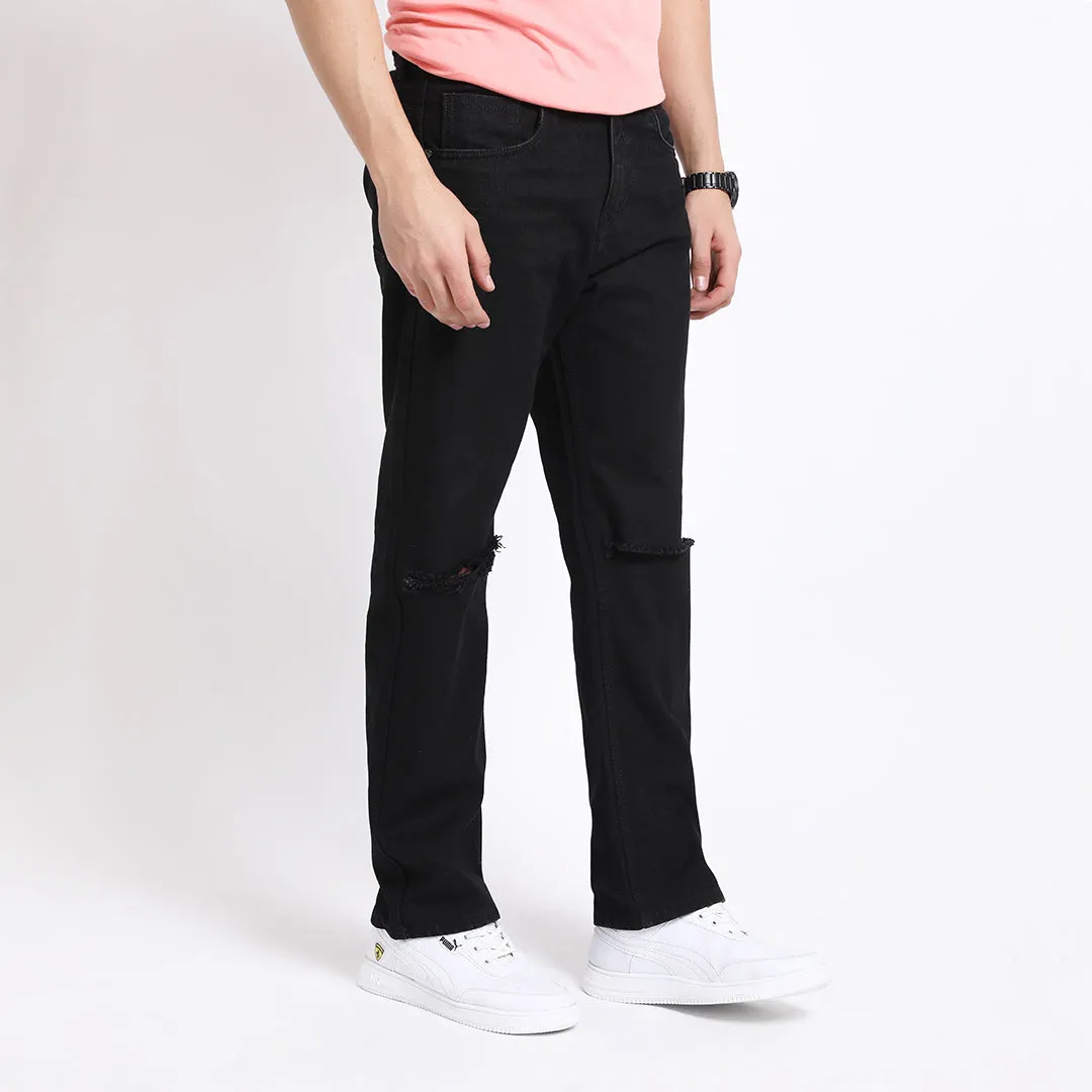 BLACK DISTRESSED BAGGY FIT KNEE CUT JEANS
