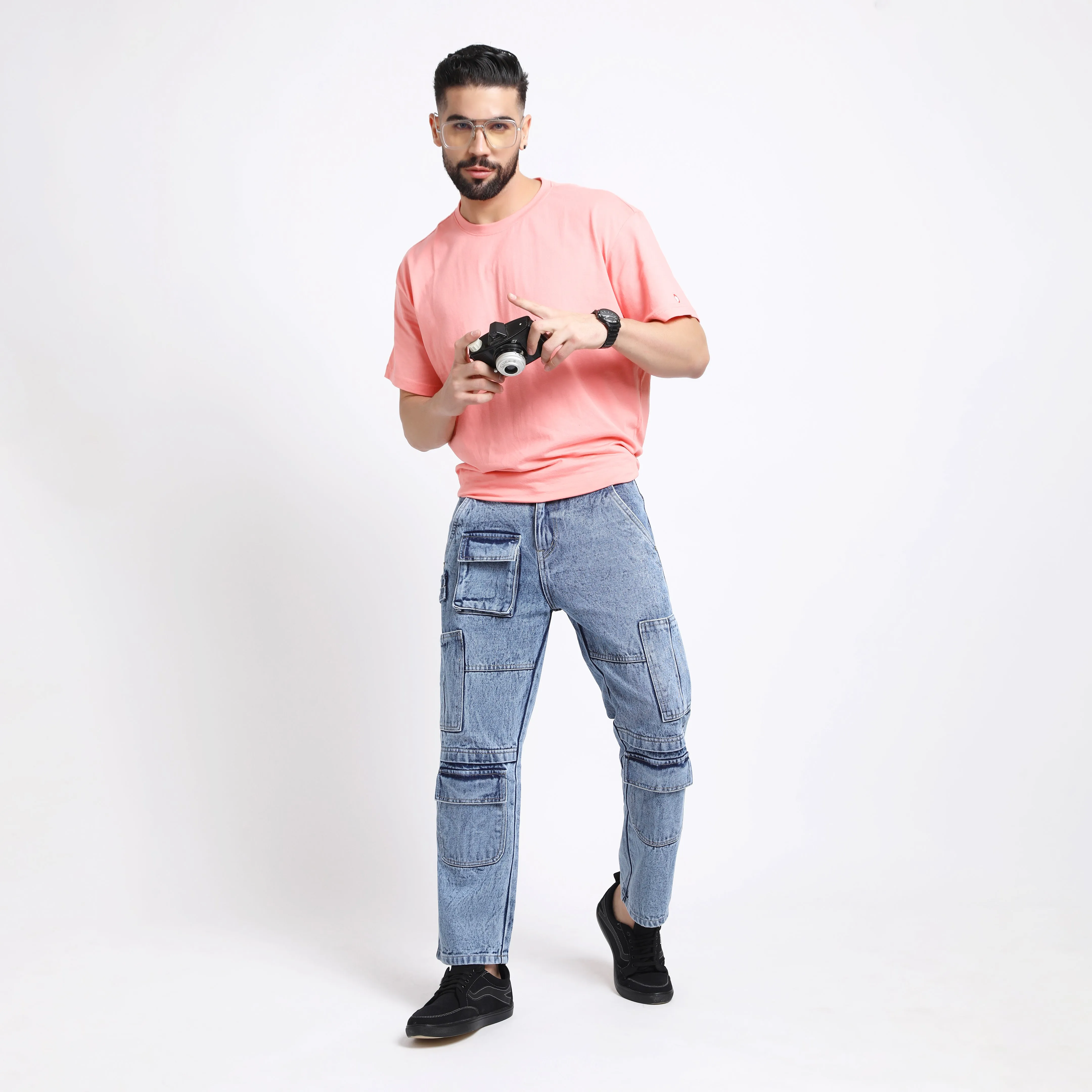 CARGO LIGHT BLUE BAGGY FIT JEANS TEDDY