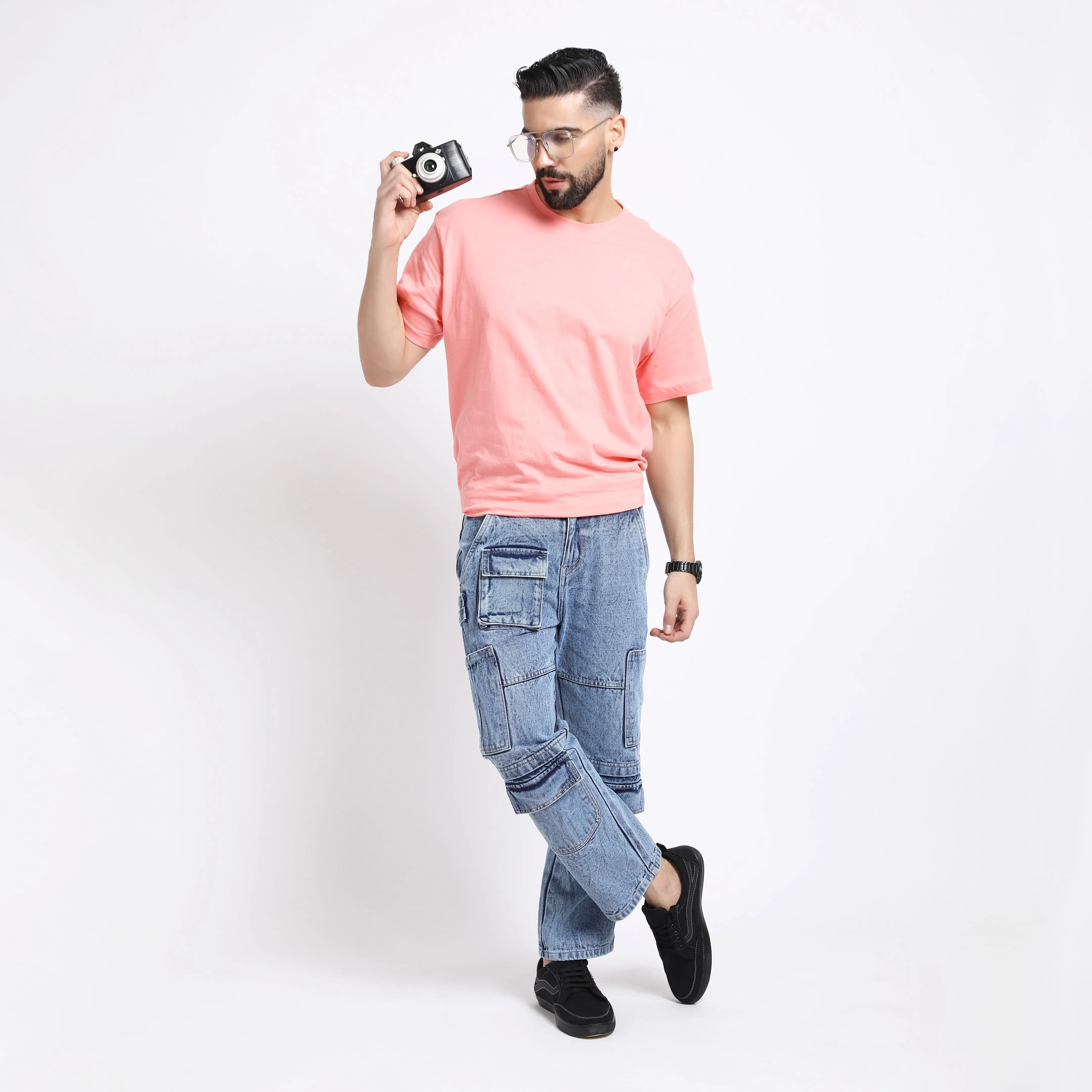 CARGO LIGHT BLUE BAGGY FIT JEANS TEDDY