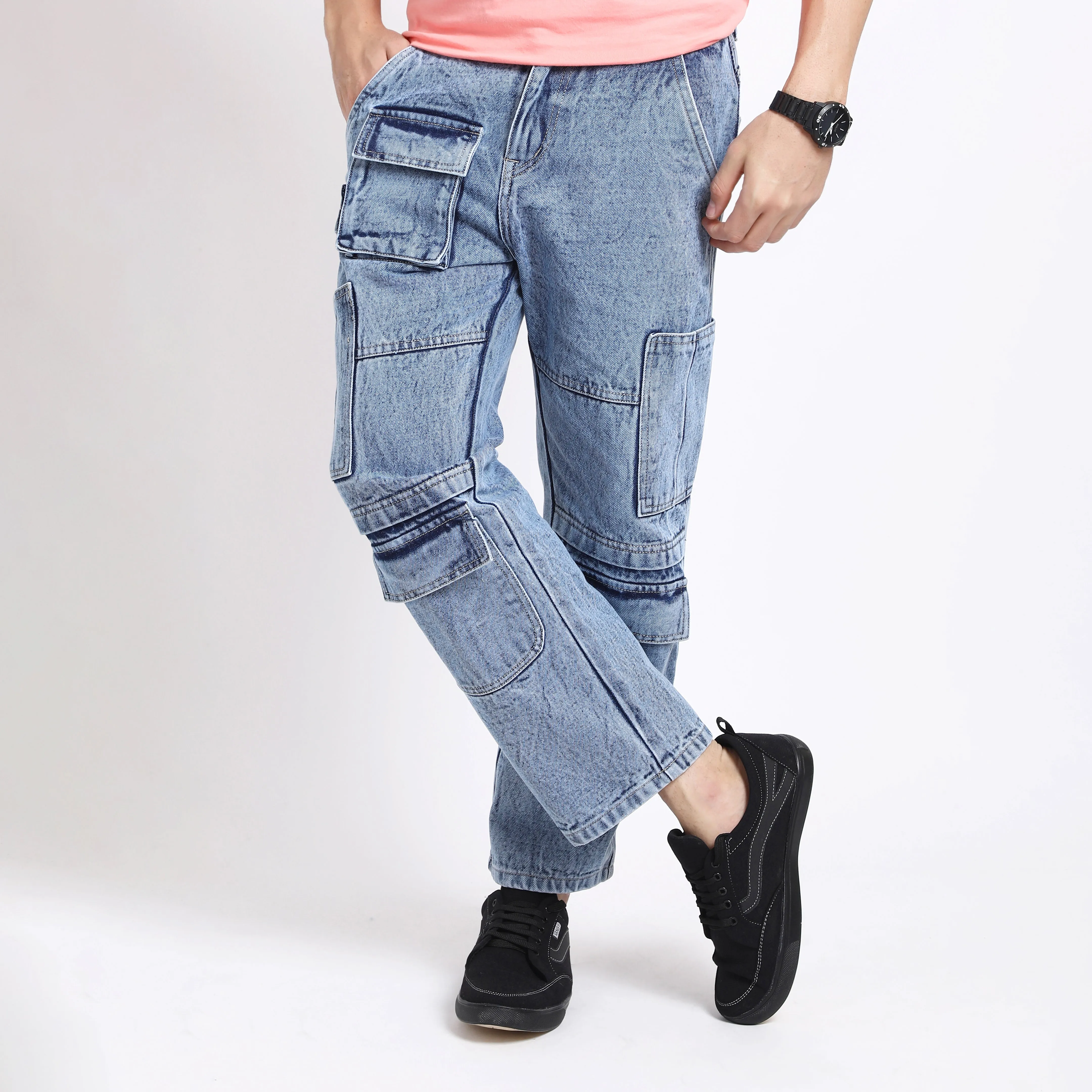 CARGO LIGHT BLUE BAGGY FIT JEANS TEDDY