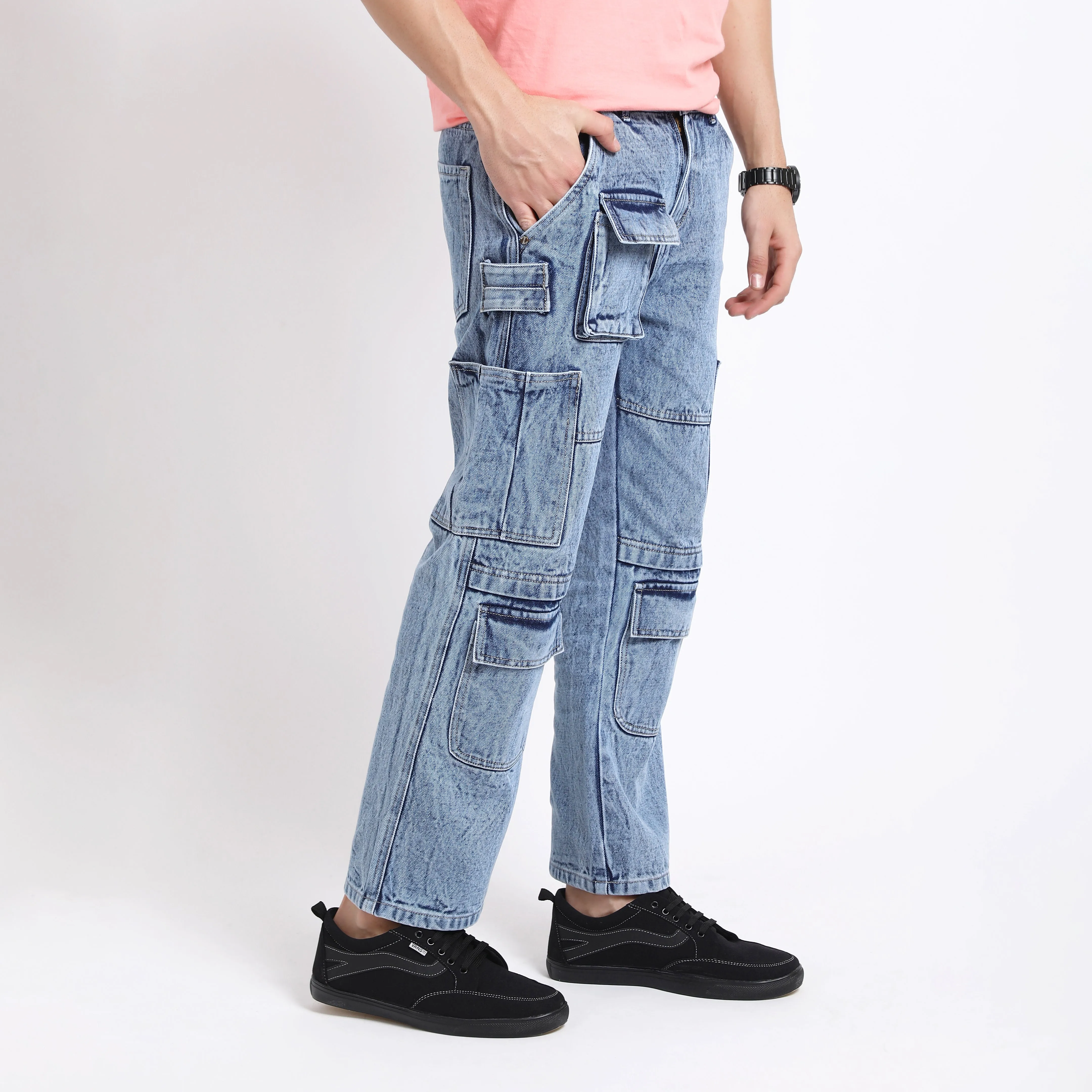 CARGO LIGHT BLUE BAGGY FIT JEANS TEDDY