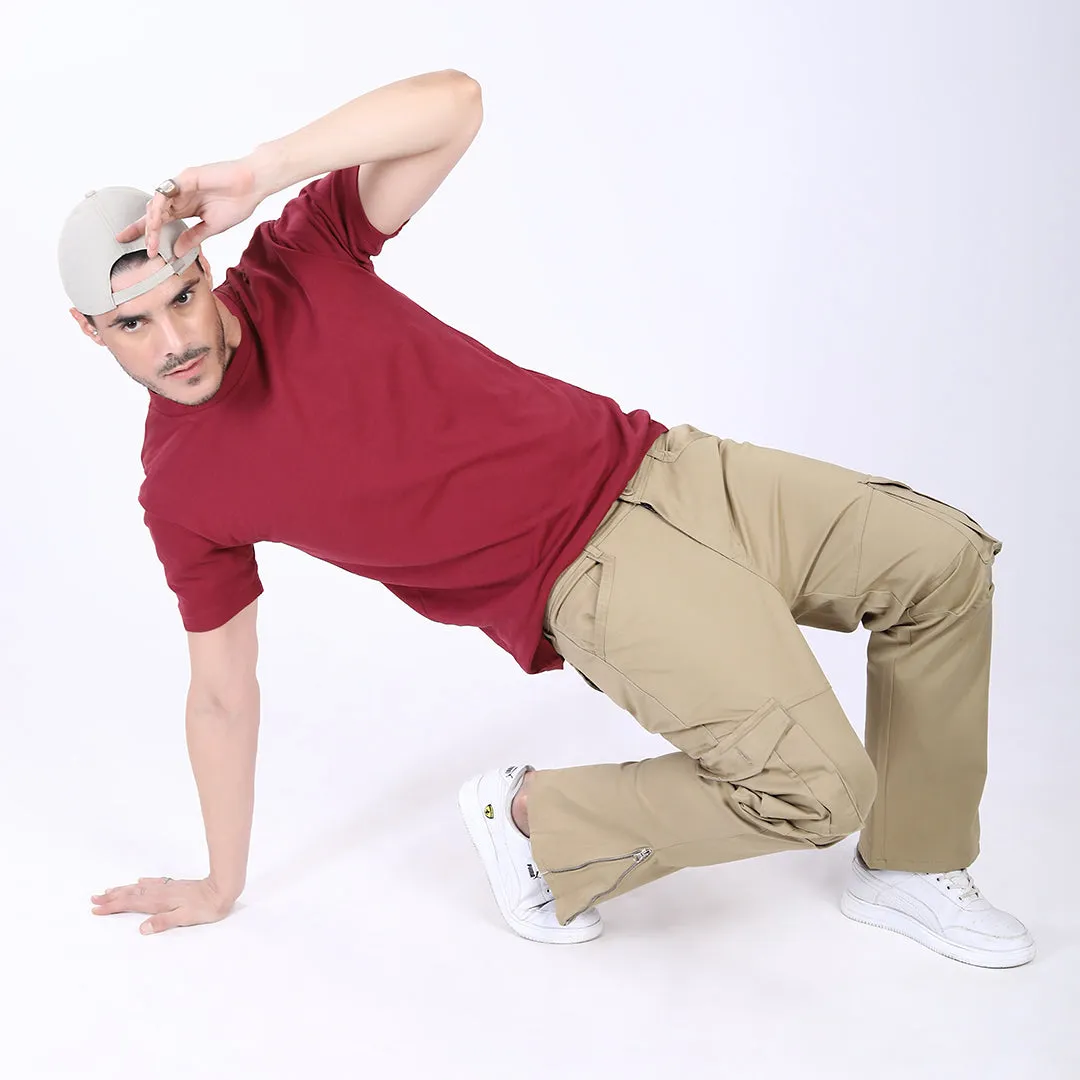 Men's Relaxed Fit Beige Stretch Cotton Cargo Pants – Streetwear Utility Style