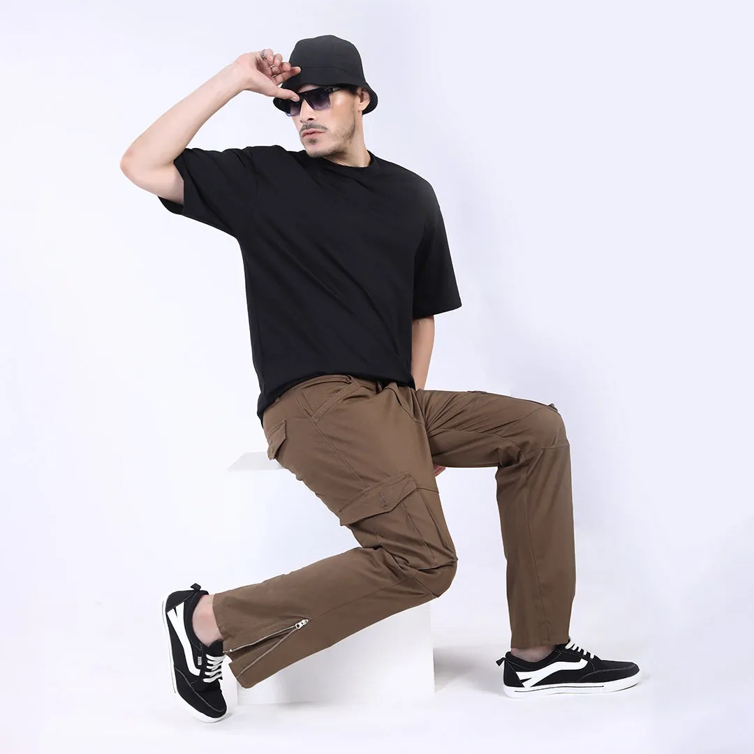 Men's Relaxed Fit Dark Brown Stretch Cotton Cargo Pants – Streetwear Utility Style