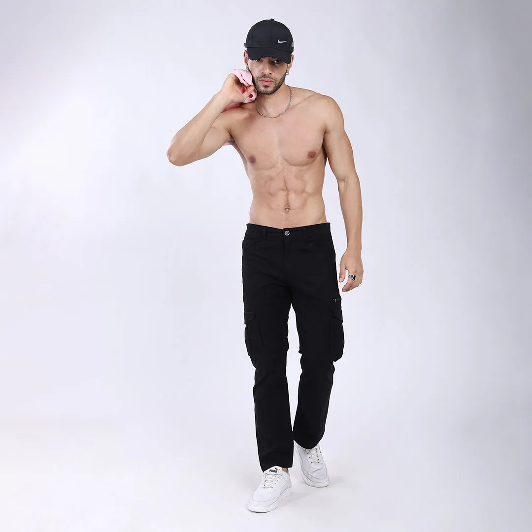Men's Relaxed Fit Black Stretch Cotton Cargo Pants – Functional Streetwear Style