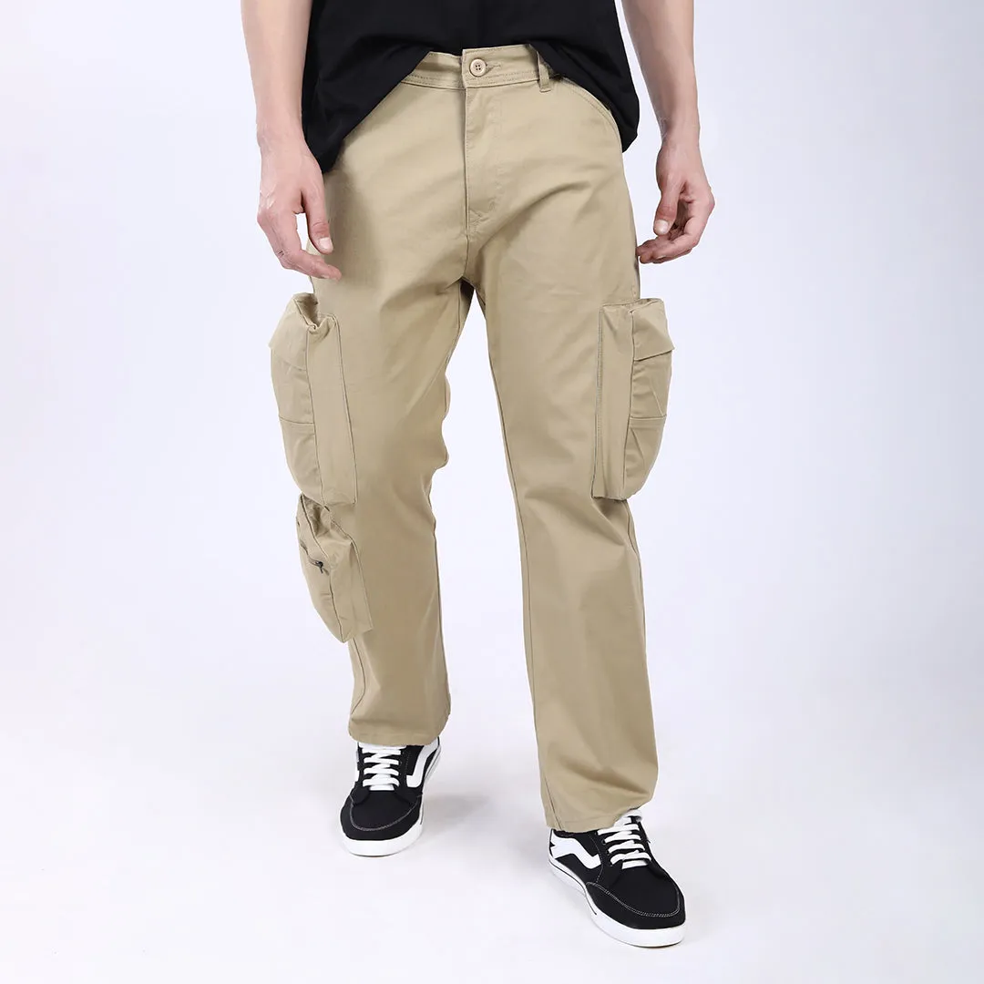 Men's Relaxed Fit Lt. Brown Stretch Cotton Cargo Pants – Streetwear Large pocket Style