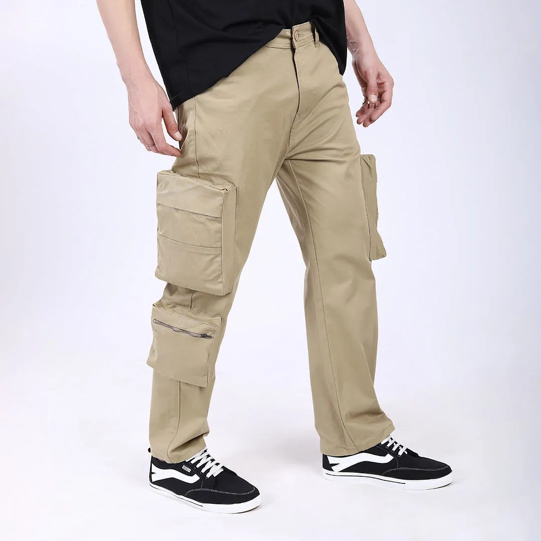 Men's Relaxed Fit Lt. Brown Stretch Cotton Cargo Pants – Streetwear Large pocket Style