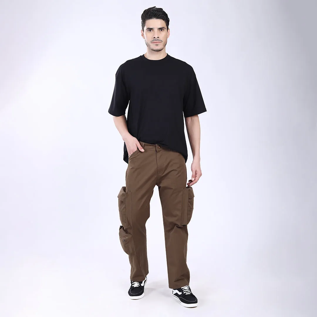 Men's Relaxed Fit Dark Brown Stretch Cotton Cargo Pants – Streetwear Large pocket Style