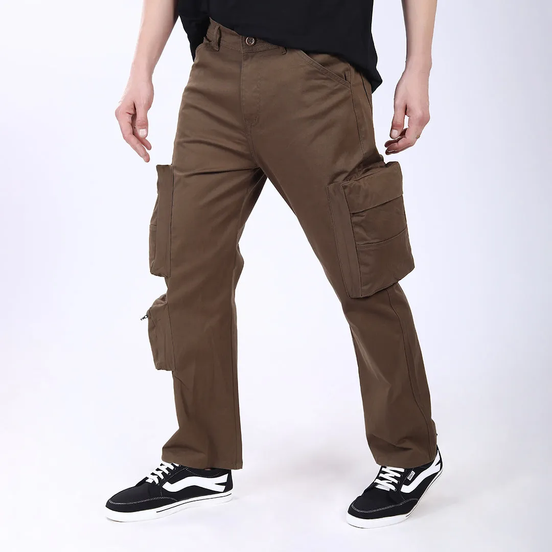 Men's Relaxed Fit Dark Brown Stretch Cotton Cargo Pants – Streetwear Large pocket Style
